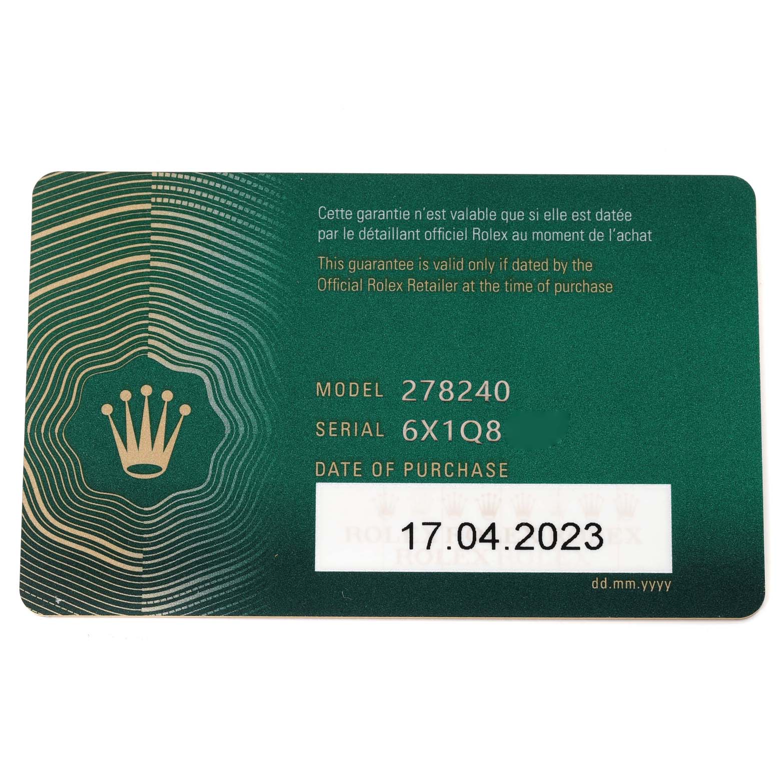 This is a warranty card for the Mid-Size Rolex model 278240, showing model and serial numbers, and date of purchase.