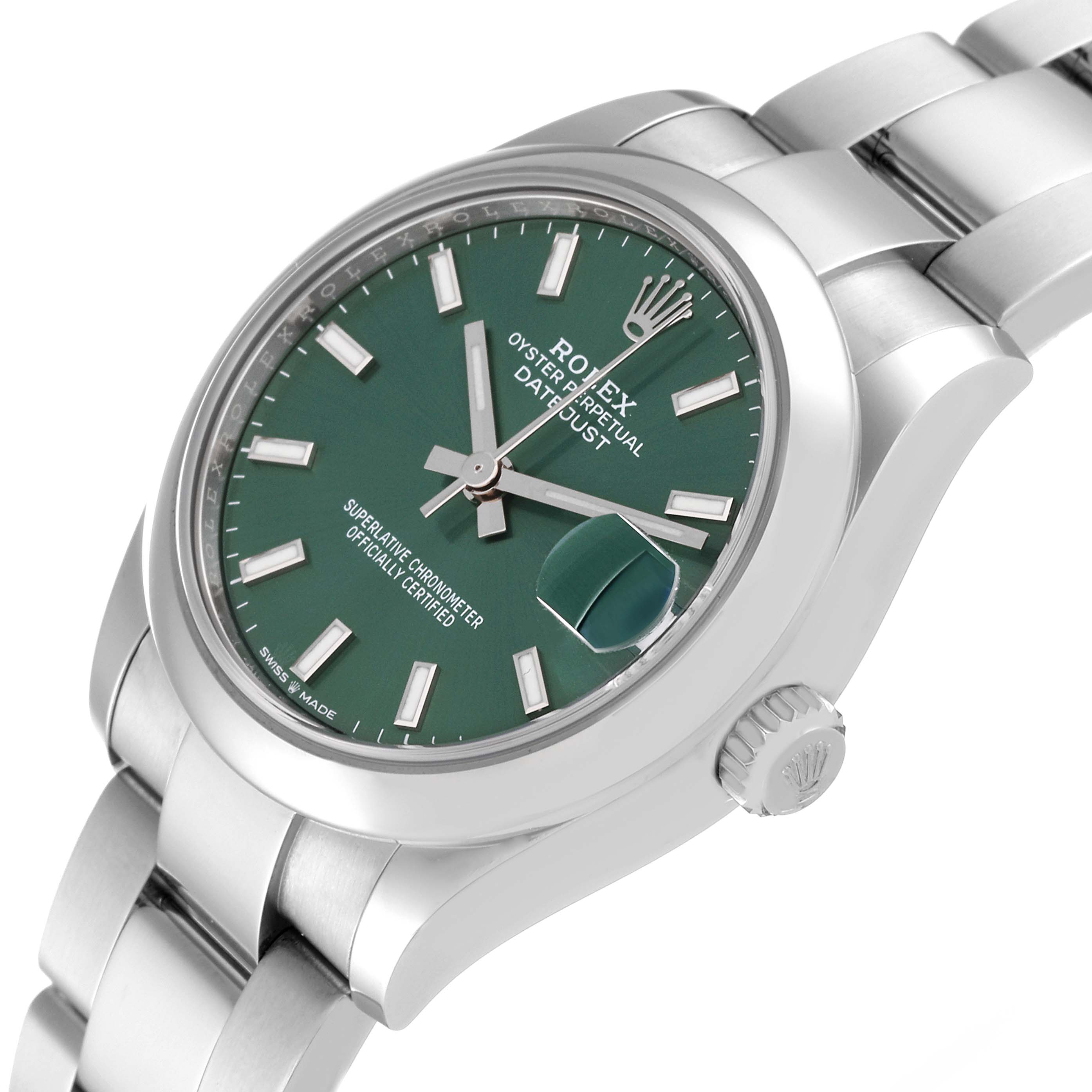 This image shows a Rolex Mid-Size 278240 Women's Stainless Steel Green Dial 278240 Women's Stainless Steel Green Dial Oyster Perpetual Datejust watch from an angled side view, highlighting the green dial, date window, and bracelet.