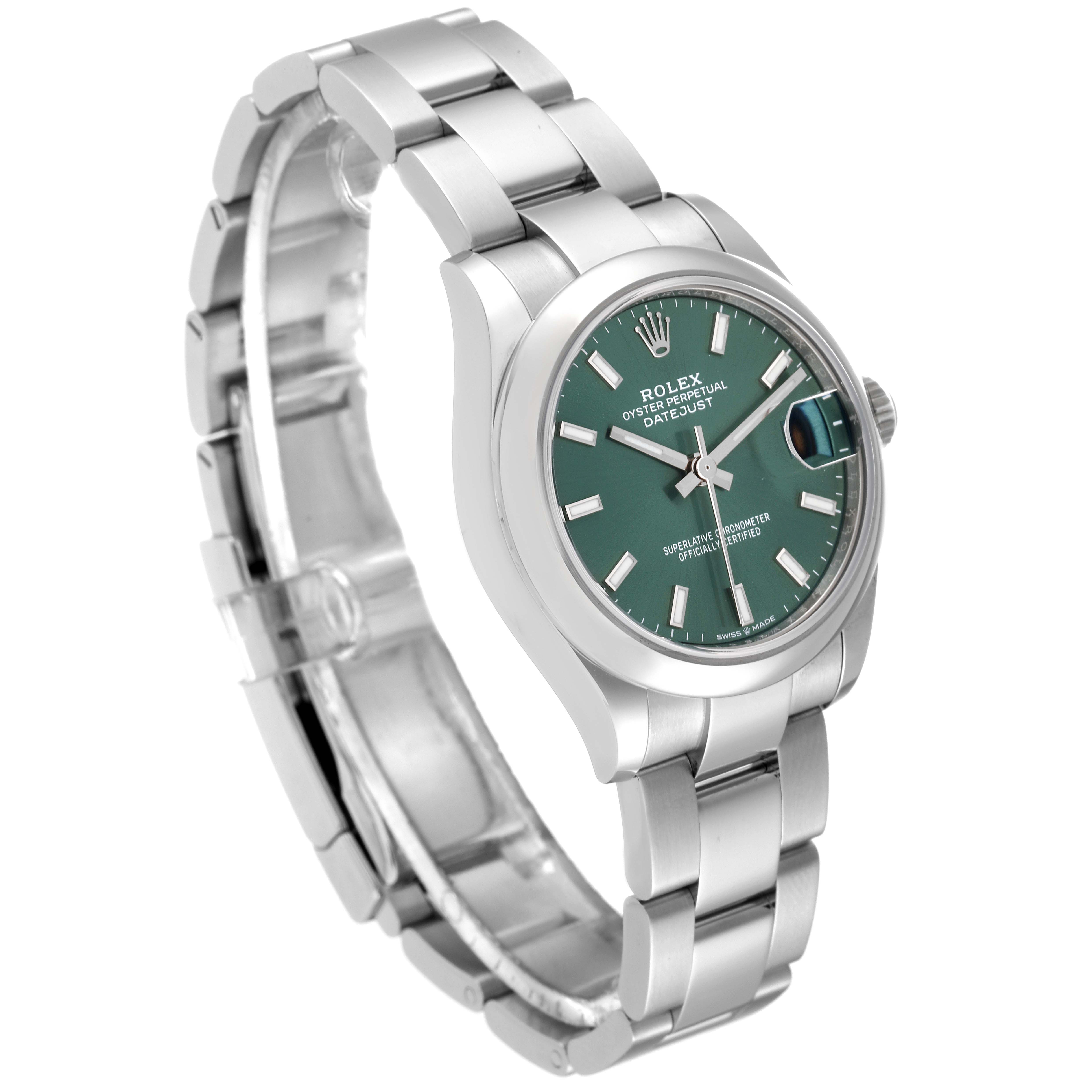 The image shows a three-quarter angle of a Rolex Mid-Size 278240 Women's Stainless Steel Green Dial 278240 Women's Stainless Steel Green Dial Oyster Perpetual Datejust watch, highlighting the dial, bracelet, and case.