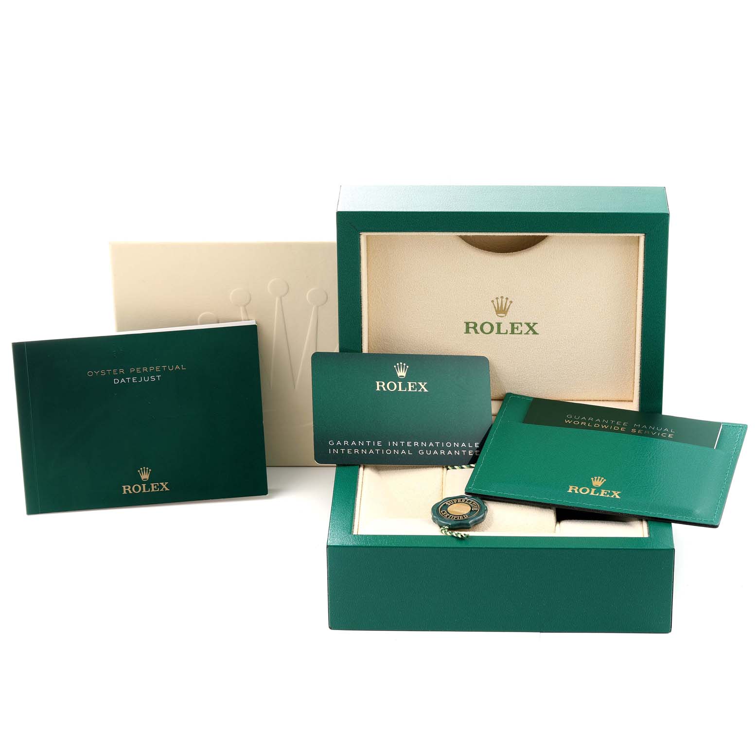 The image shows a Rolex Mid-Size 278240 Women's Stainless Steel Green Dial 278240 Women's Stainless Steel Green Dial watch box, along with manuals, warranty cards, and accessory tags, from a front angle.