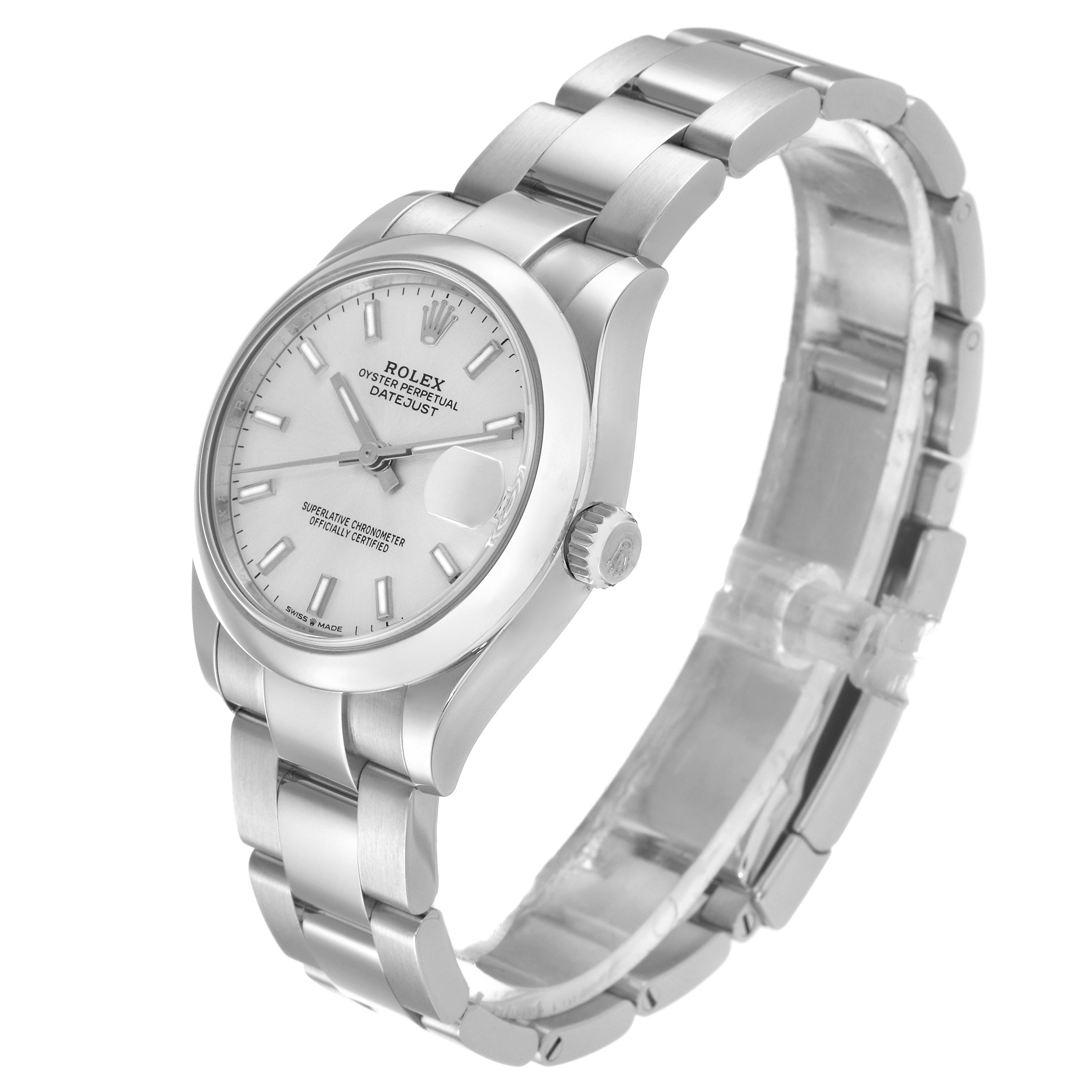 This image shows a Rolex Mid-Size 278240 Women's Stainless Steel Silver Dial 278240 Women's Stainless Steel Silver Dial watch, model Oyster Perpetual Datejust, featuring a silver dial and stainless steel bracelet, viewed at an angle.