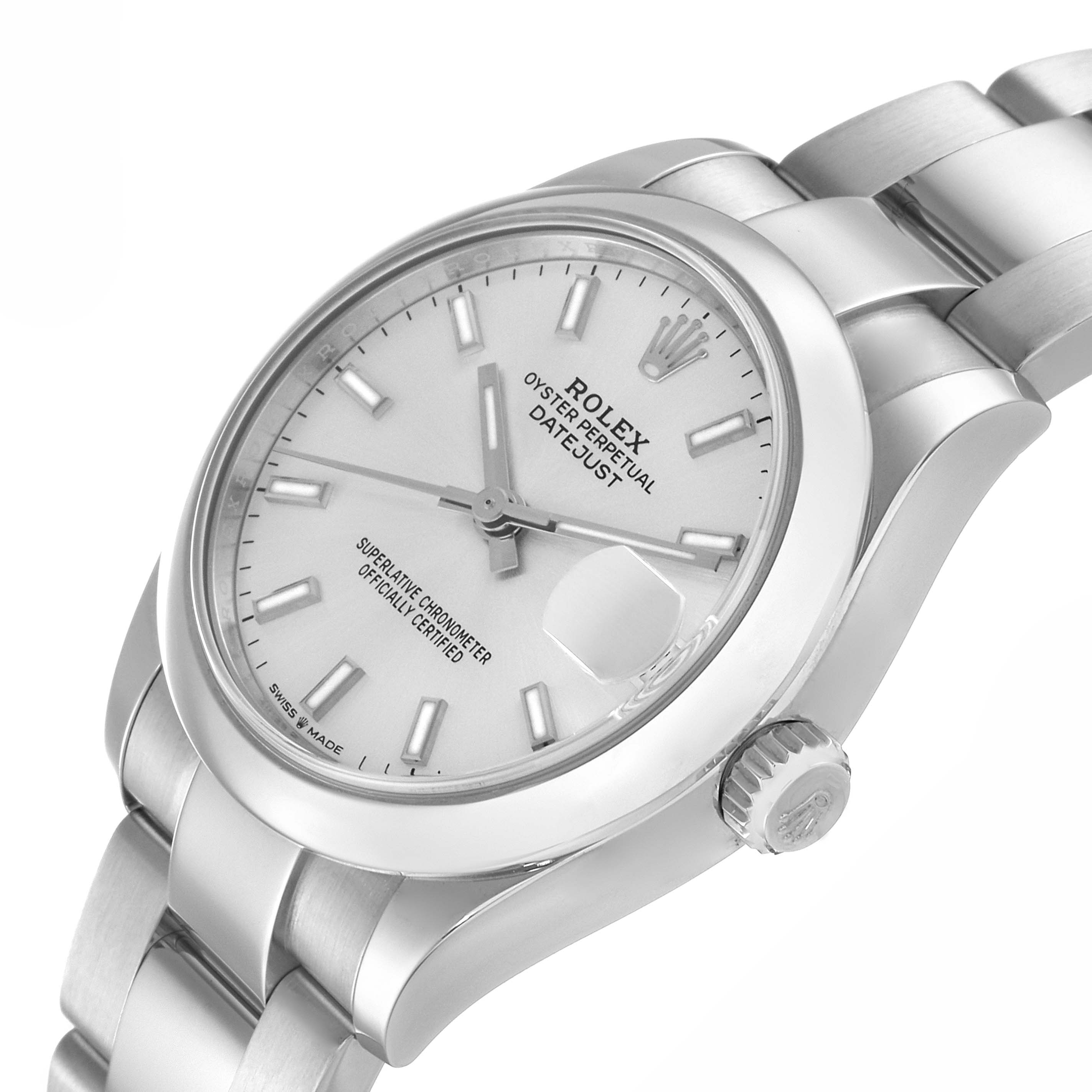 The image shows a Mid-Size Rolex Oyster Perpetual Datejust watch at an angled top view displaying its face, bezel, and bracelet.