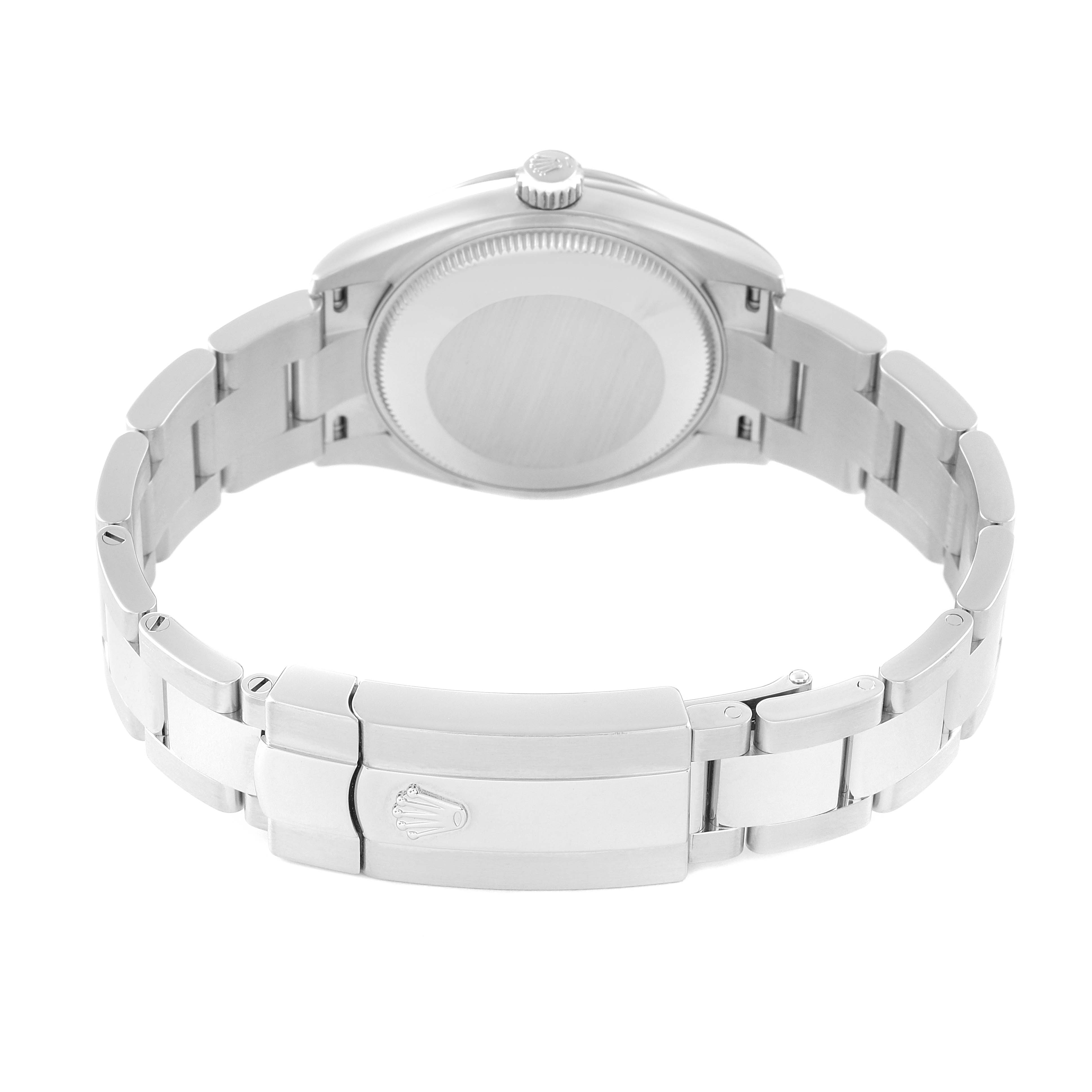 The image shows a Rolex Mid-Size 278240 Women's Stainless Steel Silver Dial 278240 Women's Stainless Steel Silver Dial model watch from the rear, highlighting the case back and the bracelet with a clasp.