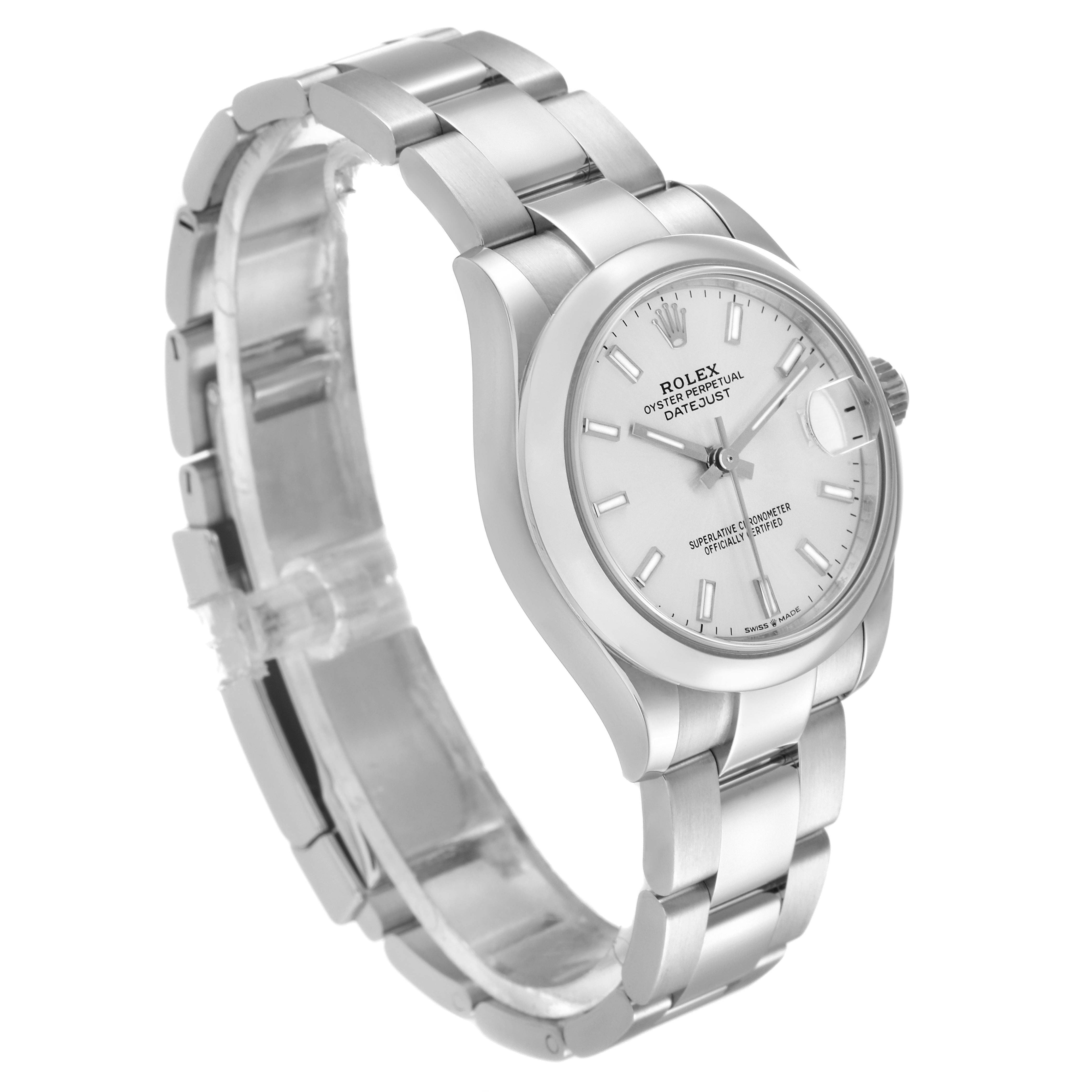 The image shows a Rolex Mid-Size 278240 Women's Stainless Steel Silver Dial 278240 Women's Stainless Steel Silver Dial Datejust watch from an angled front-left perspective, highlighting its dial, bezel, and bracelet.