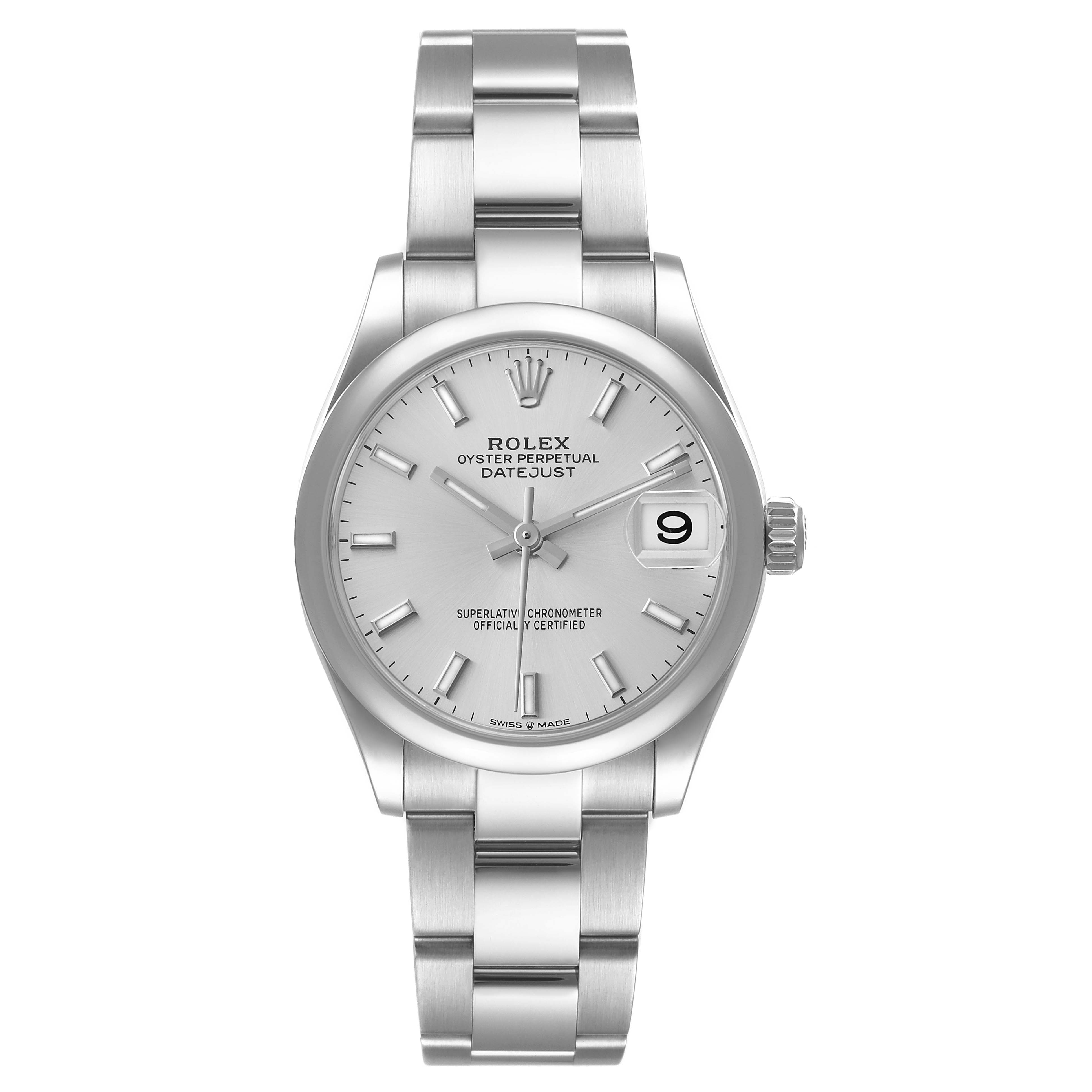 This image shows a front view of a Rolex Oyster Perpetual Datejust mid-size watch, highlighting its dial, bracelet, and date window.