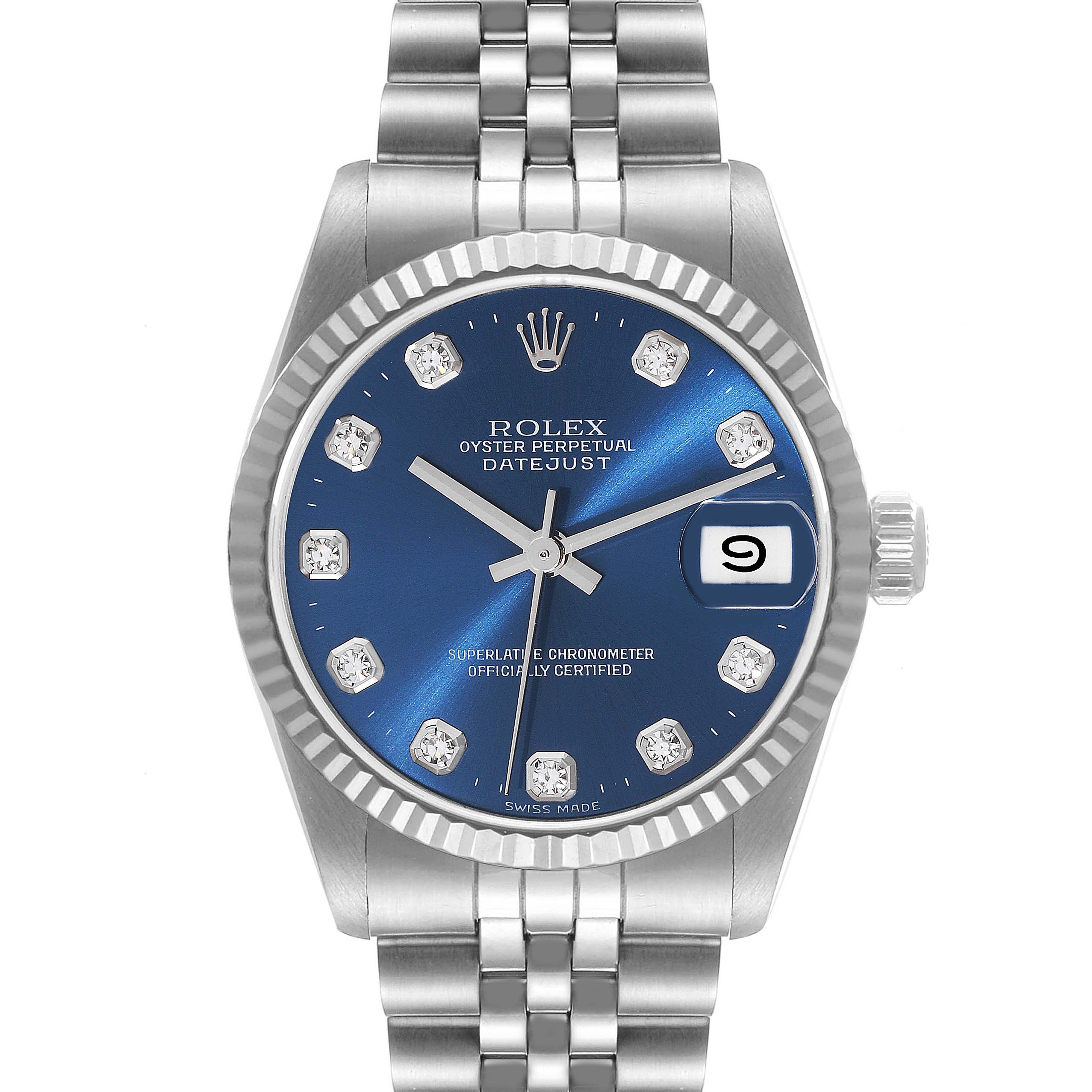This image shows a front view of a Mid-Size Rolex Datejust watch, displaying its blue dial, date window, and metal bracelet.