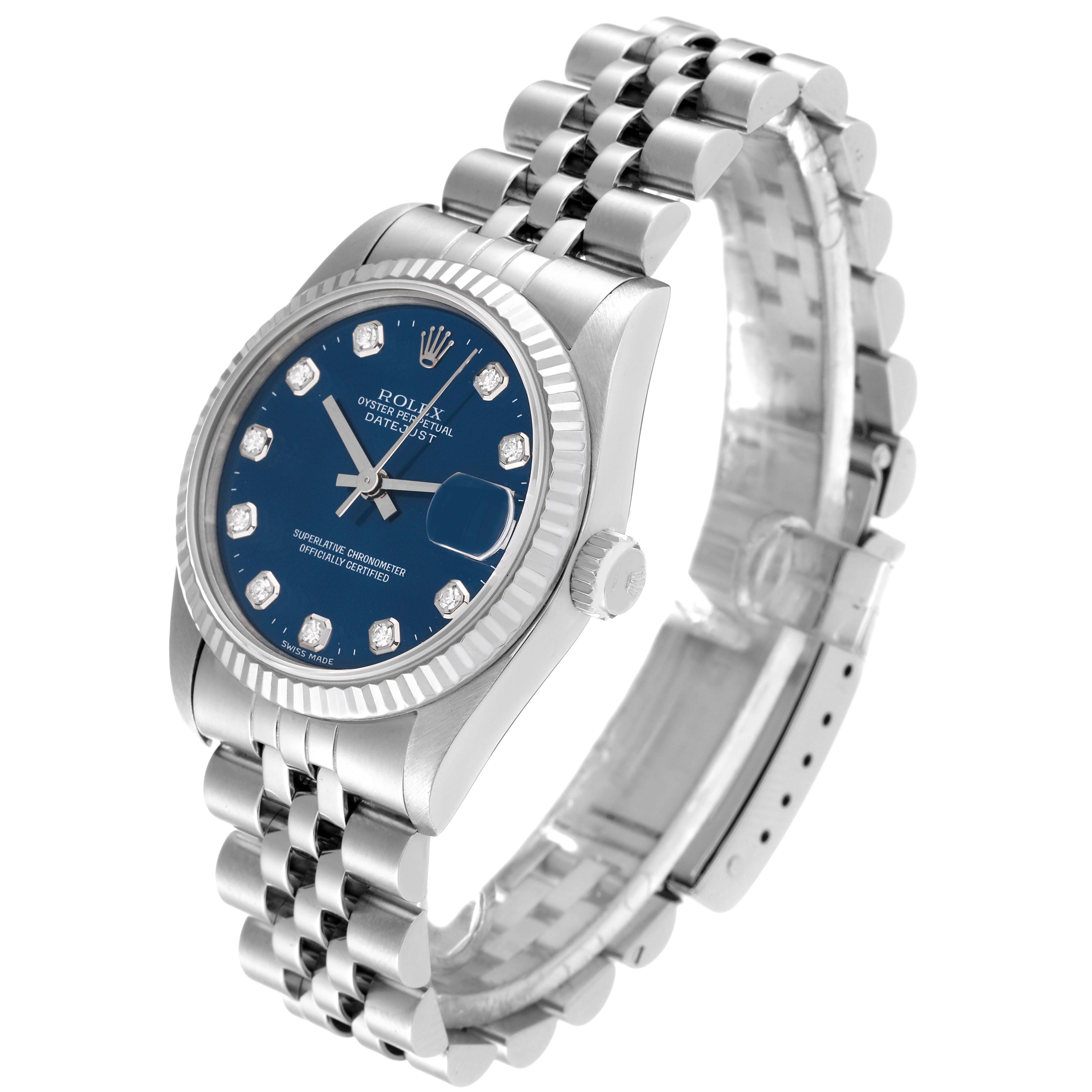 The image shows a Rolex Mid-Size 68274 Women
s Stainless Steel Blue Dial 68274 Women
s Stainless Steel Blue Dial Oyster Perpetual Datejust, angled to display the watch face, bezel, and bracelet.