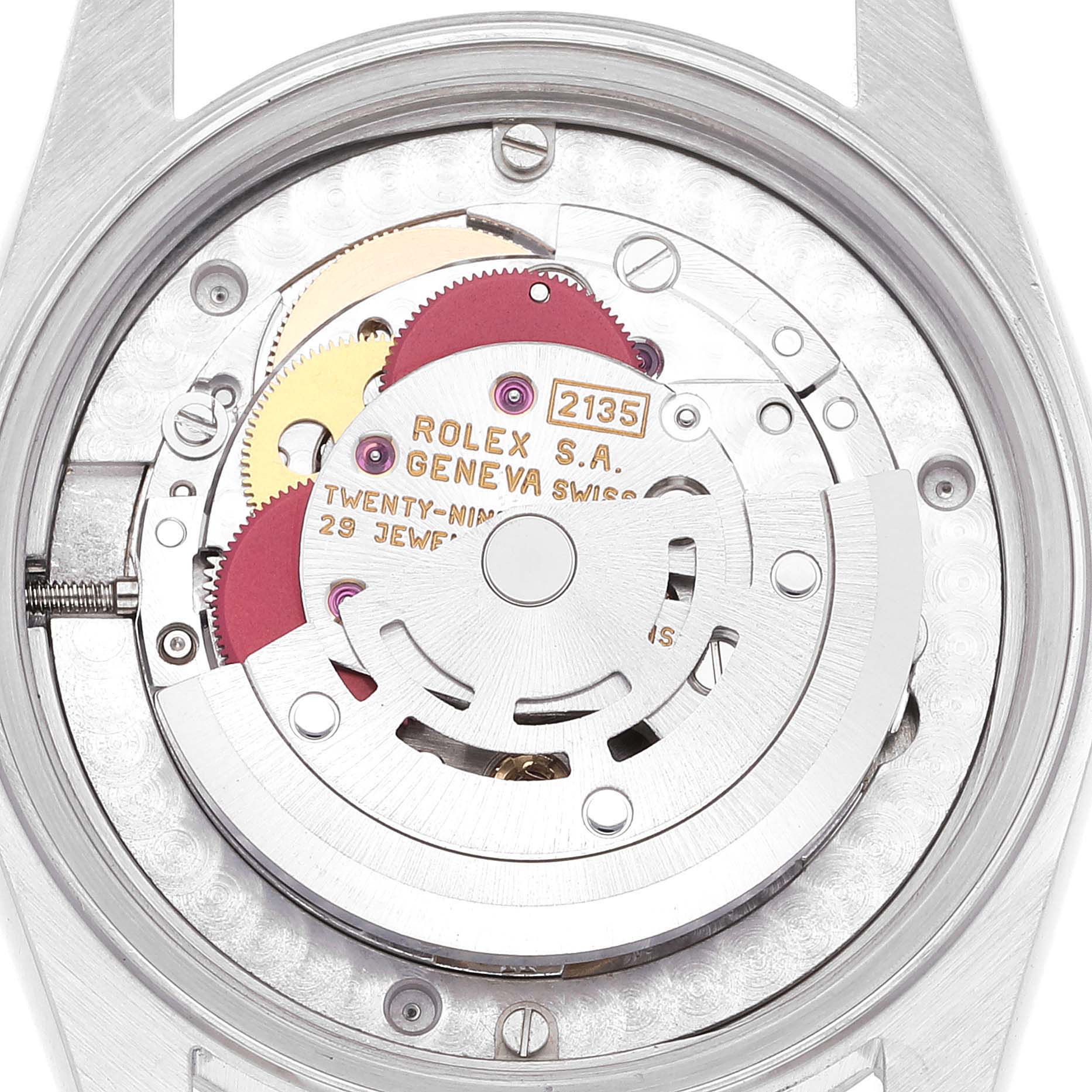This image shows the internal mechanism of a Rolex Mid-Size 68274 Women
s Stainless Steel Blue Dial 68274 Women
s Stainless Steel Blue Dial model watch viewed from the back.