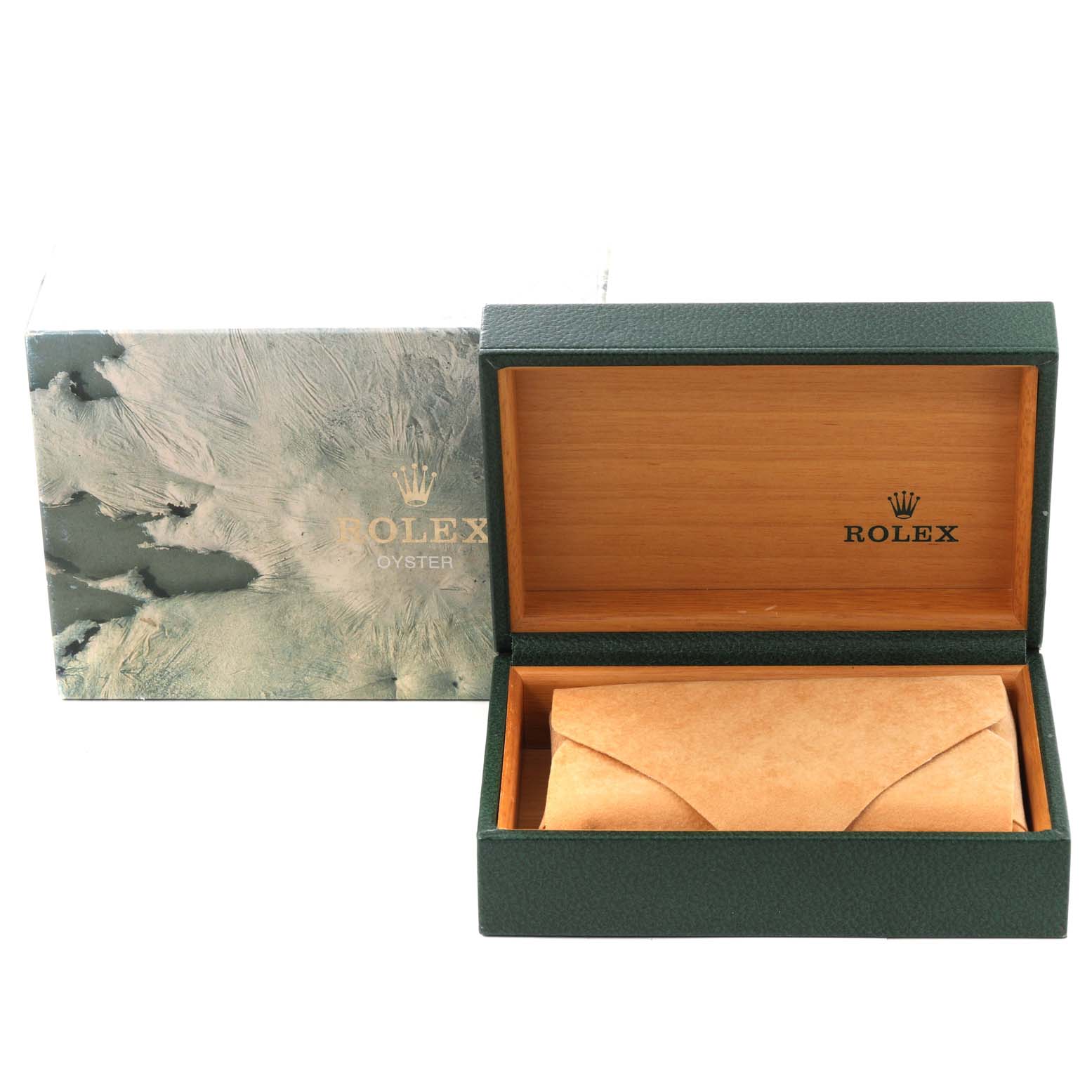 This image shows a Rolex Oyster watch box with its lid open, revealing a brown envelope inside.
