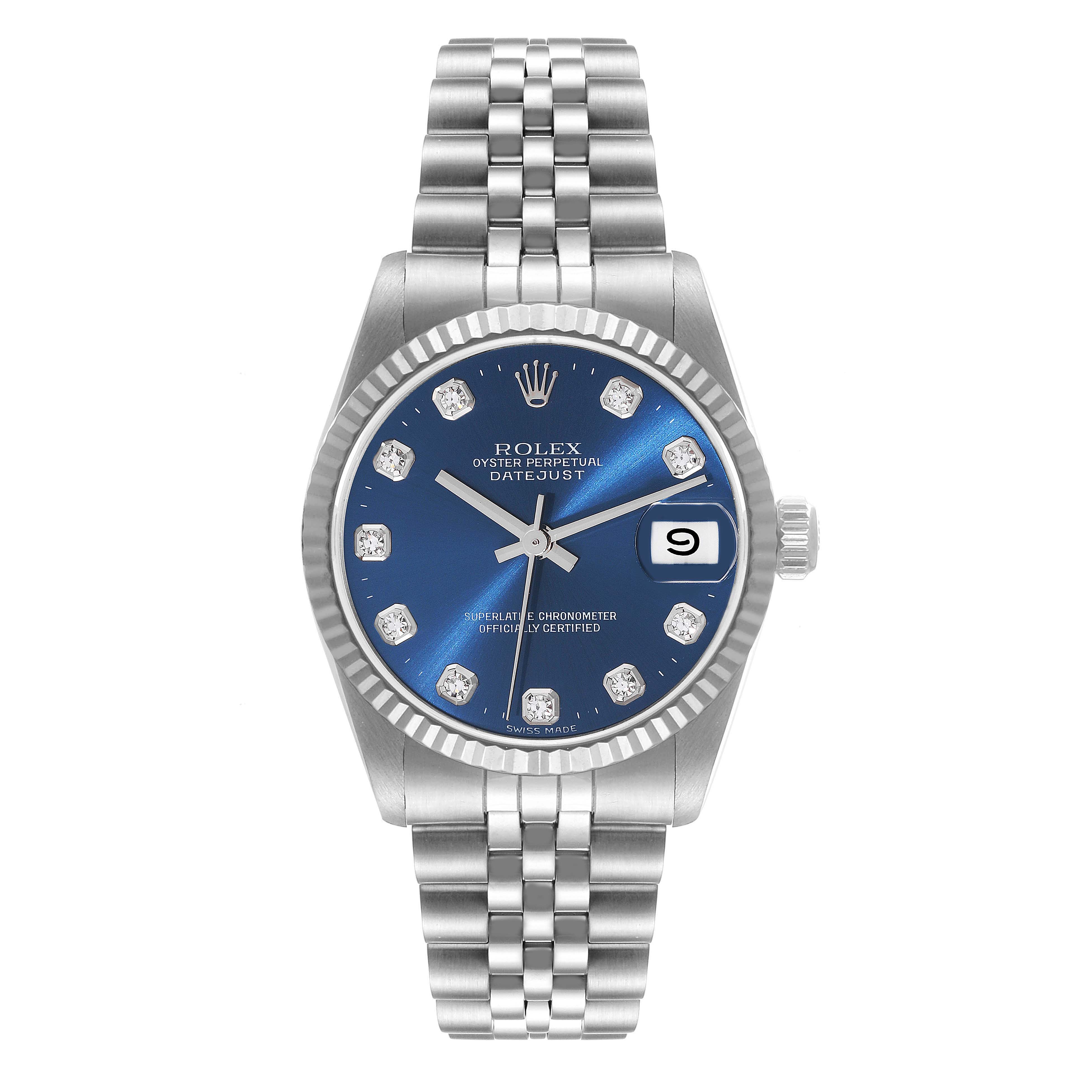 The Rolex Mid-Size 68274 Women
s Stainless Steel Blue Dial 68274 Women
s Stainless Steel Blue Dial Datejust watch is shown from the front, displaying its blue dial, markers, date window, and bracelet.