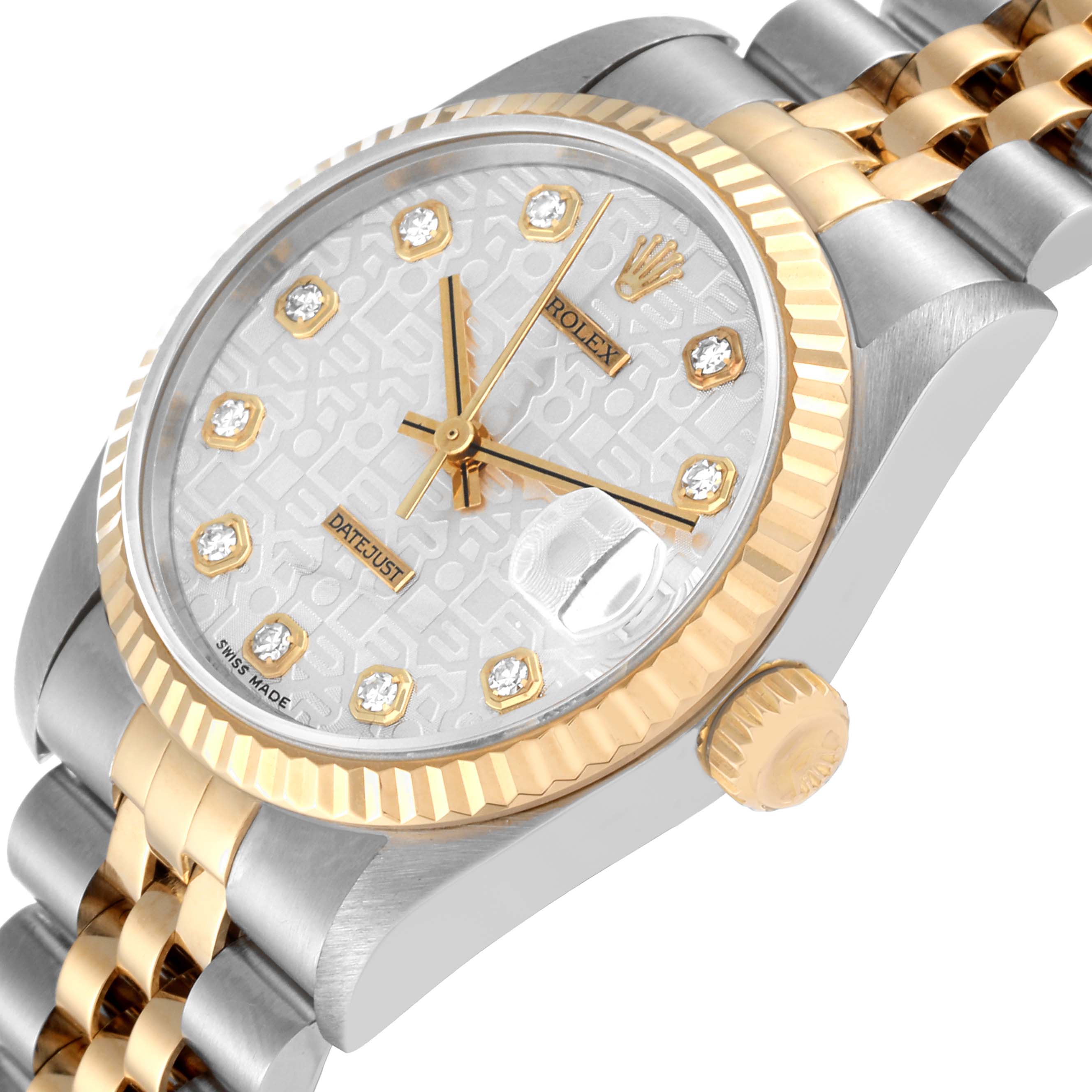 This image shows a close-up angle of a Rolex Mid-Size 78273 Women's Steel and Gold (two tone) Silver Dial 78273 Women's Steel and Gold (two tone) Silver Dial Datejust model, highlighting the dial, bezel, crown, and part of the bracelet.