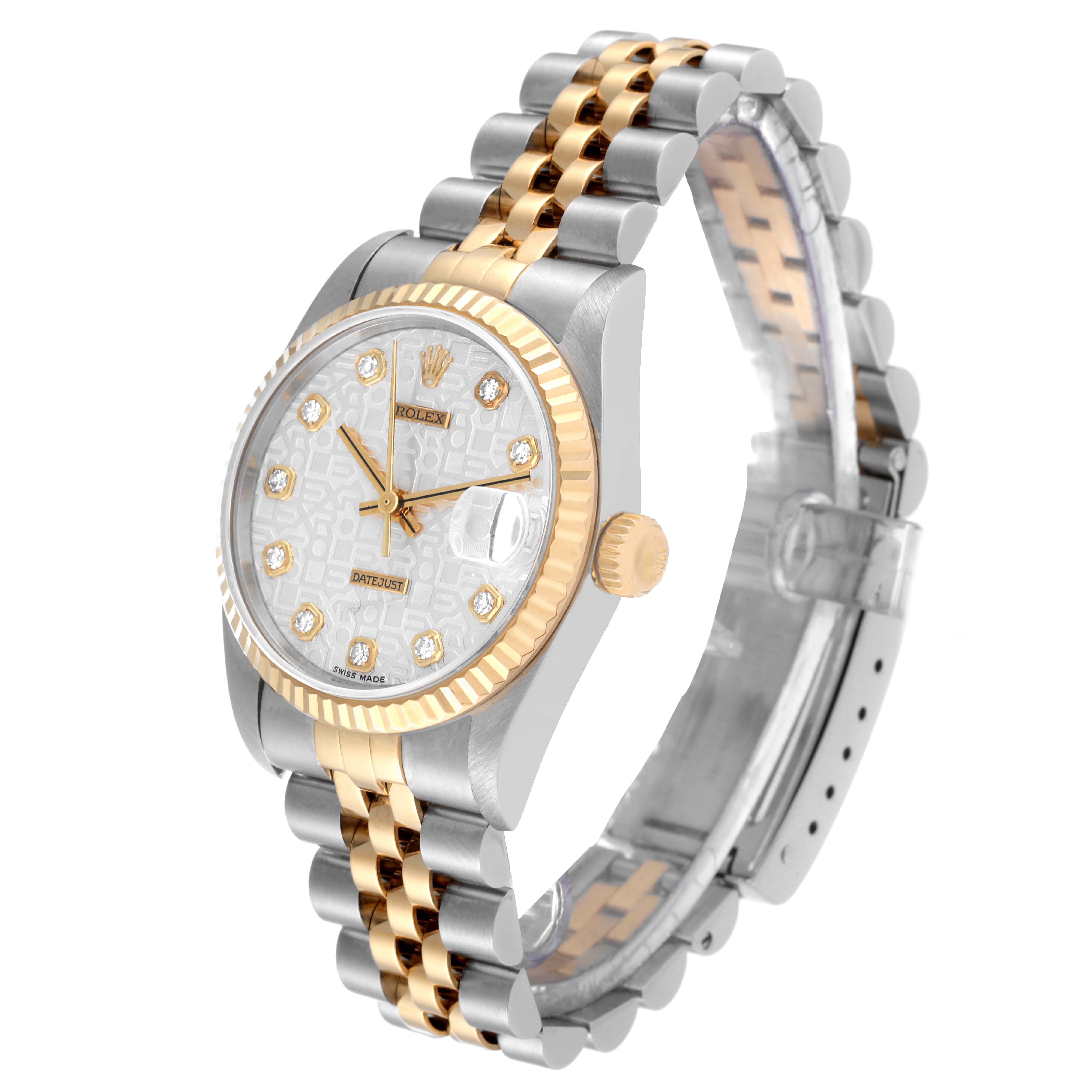 The image shows a side angle of a Mid-Size Rolex watch, displaying the face, dial, bezel, crown, and two-tone bracelet.