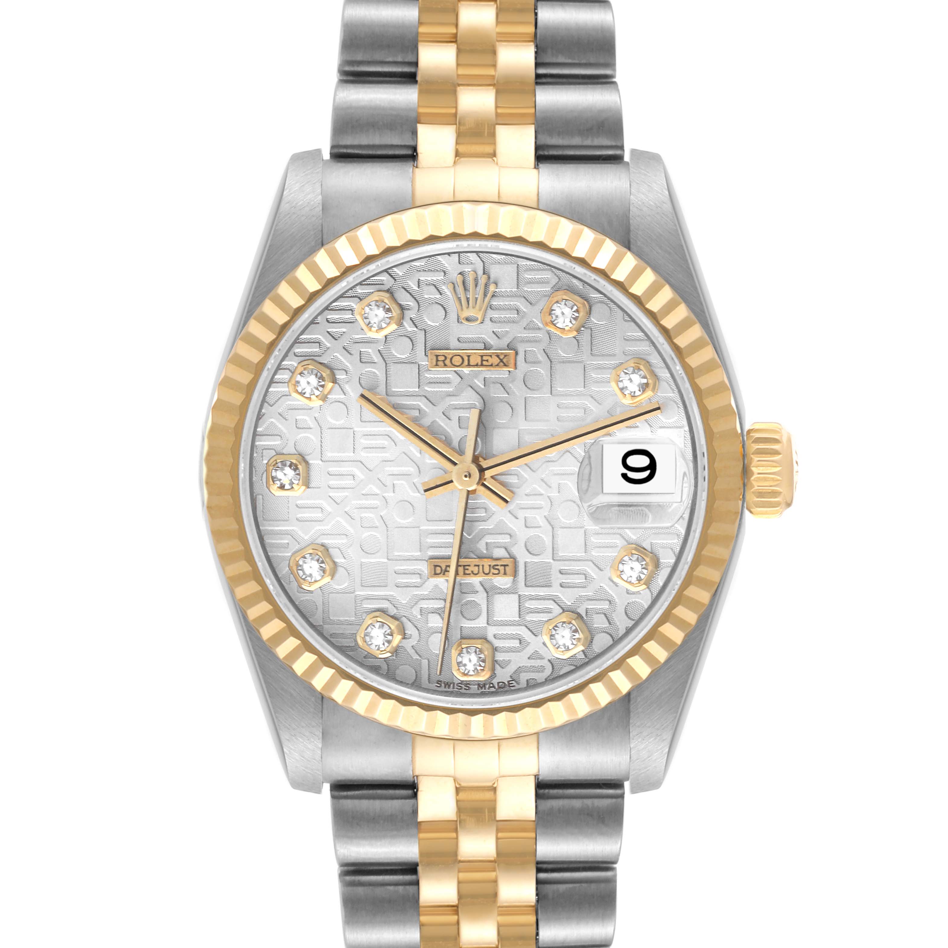 This image shows the front view of a Rolex Mid-Size 78273 Women's Steel and Gold (two tone) Silver Dial 78273 Women's Steel and Gold (two tone) Silver Dial Datejust watch, highlighting the dial, bezel, and bracelet.