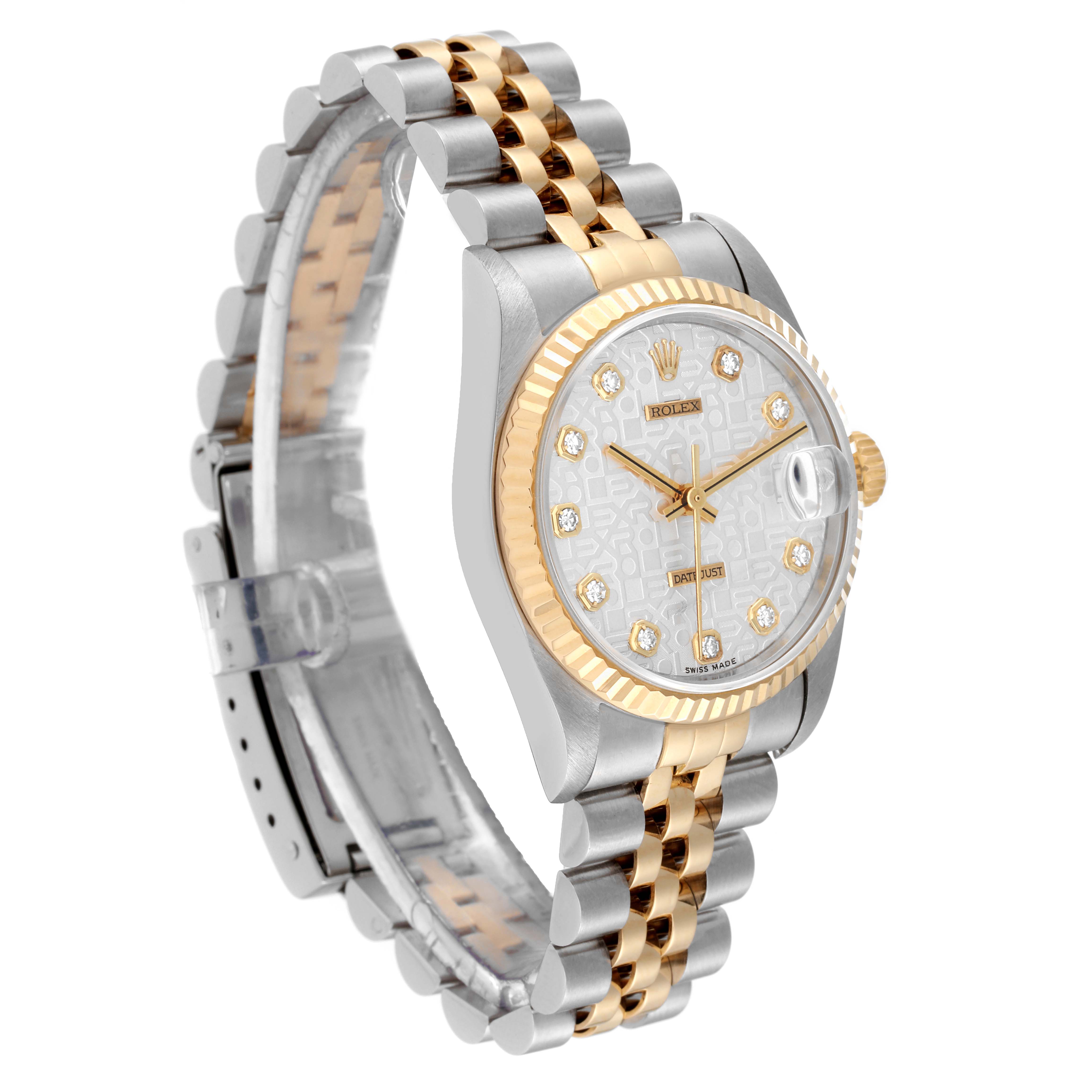 This image shows a side angle of the Mid-Size Rolex watch, highlighting the watch face, bezel, bracelet, and clasp.