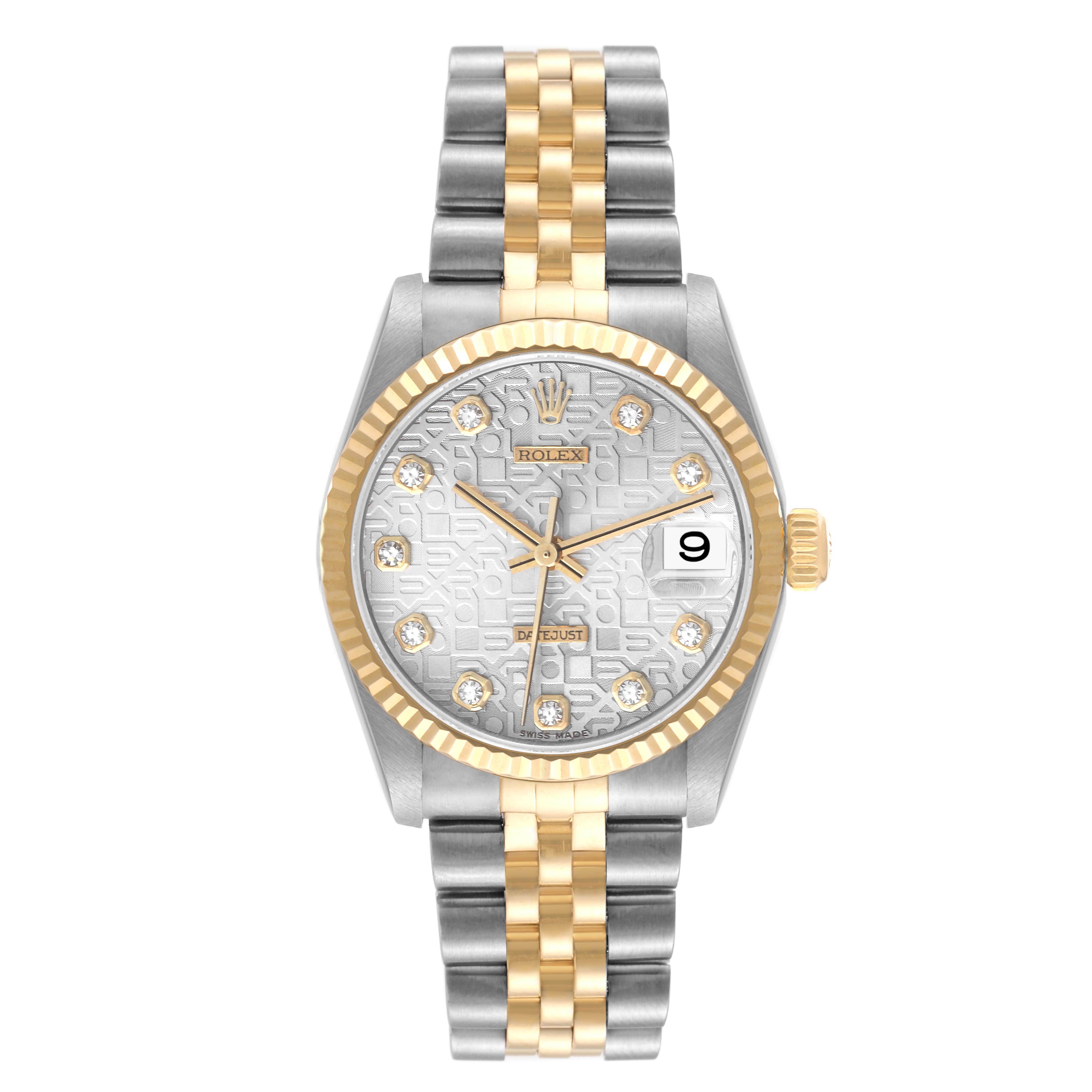 The Rolex Mid-Size 78273 Women's Steel and Gold (two tone) Silver Dial 78273 Women's Steel and Gold (two tone) Silver Dial model watch is shown from a front angle, displaying its dial, bezel, case, and two-tone bracelet.