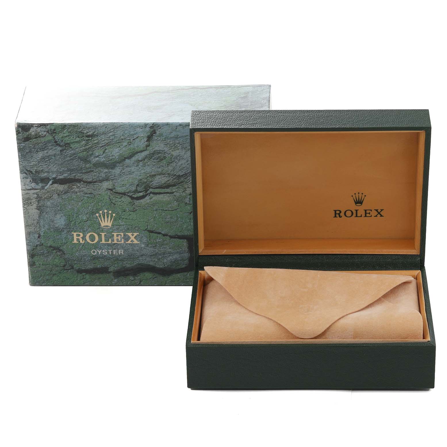 The image shows a Rolex Mid-Size 78273 Women's Steel and Gold (two tone) Silver Dial 78273 Women's Steel and Gold (two tone) Silver Dial model's open green and tan watch box along with its outer packaging.