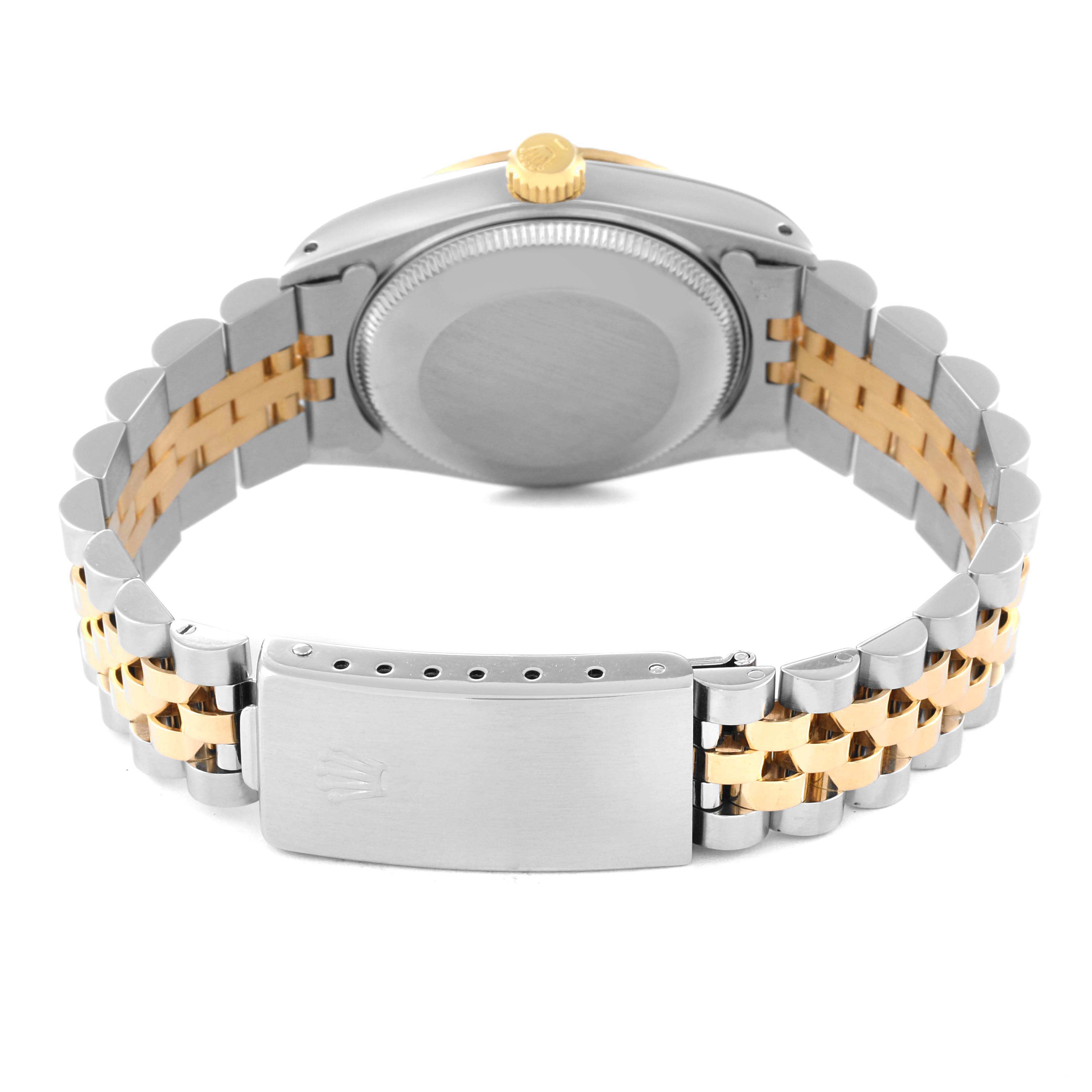 The image shows the back view of a Mid-Size Rolex watch, focusing on the case back, crown, and two-tone bracelet with the clasp.