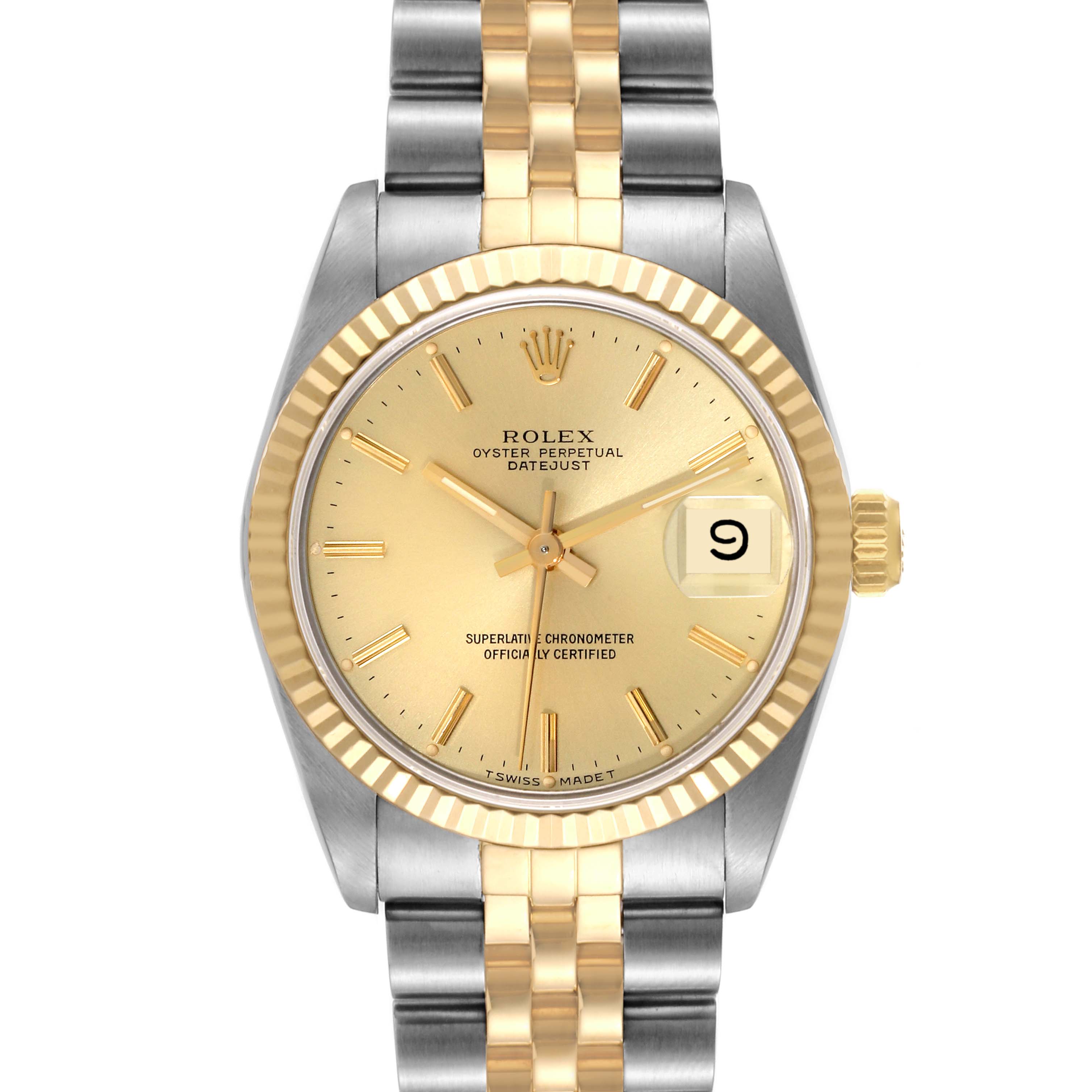 The image shows a front view of the Rolex Oyster Perpetual Datejust Mid-Size watch, highlighting the dial, bezel, crown, and bracelet.