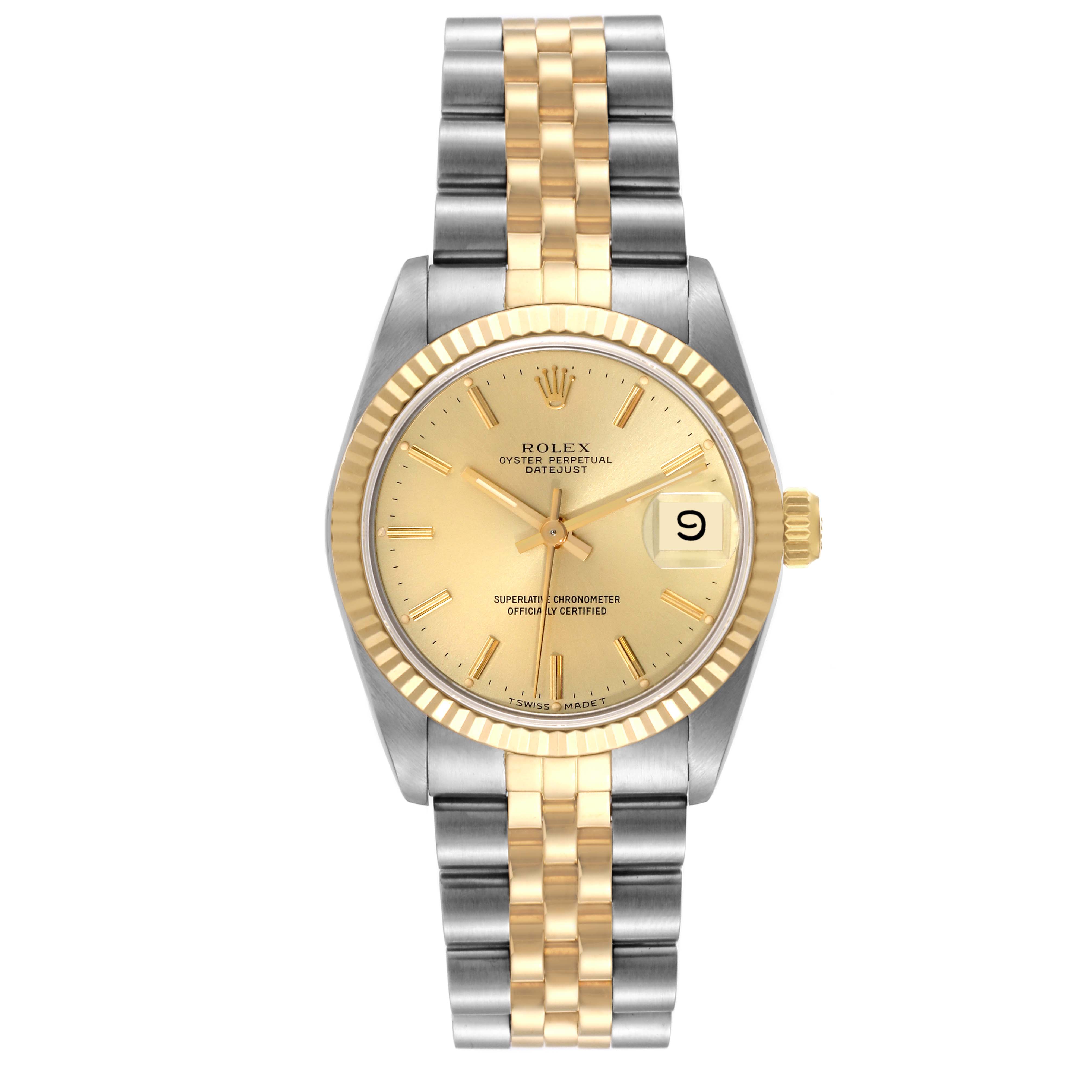 The image shows a front view of a Rolex Mid-Size 68273 Women's Steel and Gold (two tone) Champagne Dial 68273 Women's Steel and Gold (two tone) Champagne Dial Oyster Perpetual Datejust with a two-tone bracelet and gold bezel.
