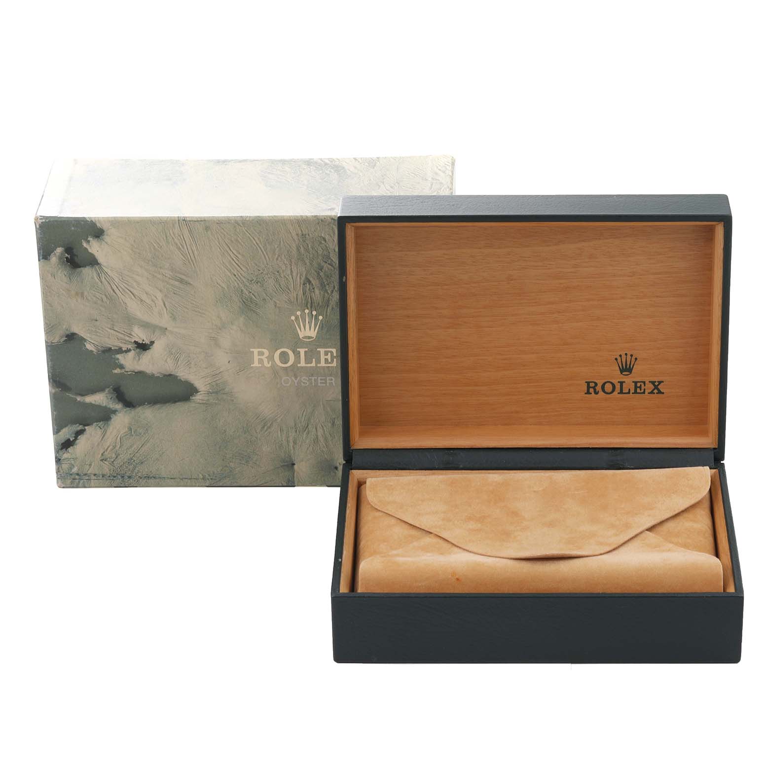 The image shows the packaging and interior box of the Rolex Mid-Size 68273 Women's Steel and Gold (two tone) Champagne Dial 68273 Women's Steel and Gold (two tone) Champagne Dial watch, featuring the brand's logo and a protective pouch.