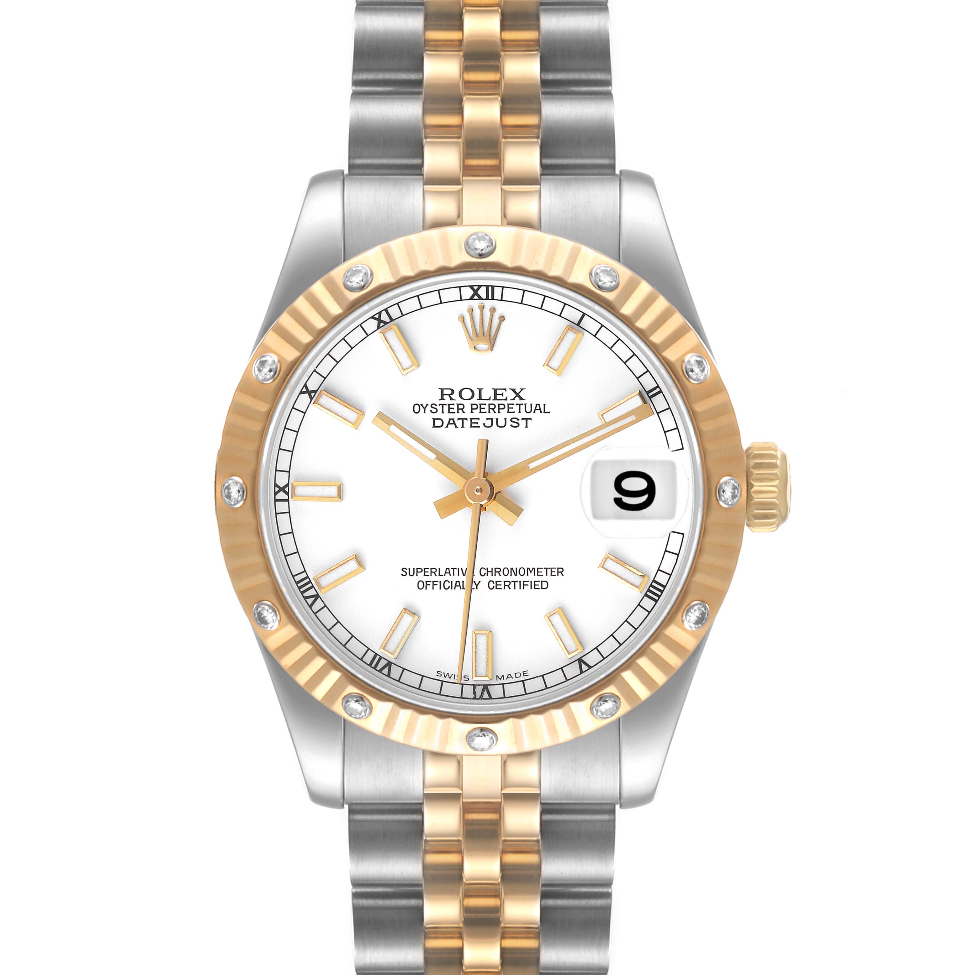The image shows a front angle view of a Rolex Mid-Size 178313 Women
s Steel and Gold (two tone) White Dial 178313 Women
s Steel and Gold (two tone) White Dial Oyster Perpetual Datejust watch, highlighting the face, bezel, and bracelet.