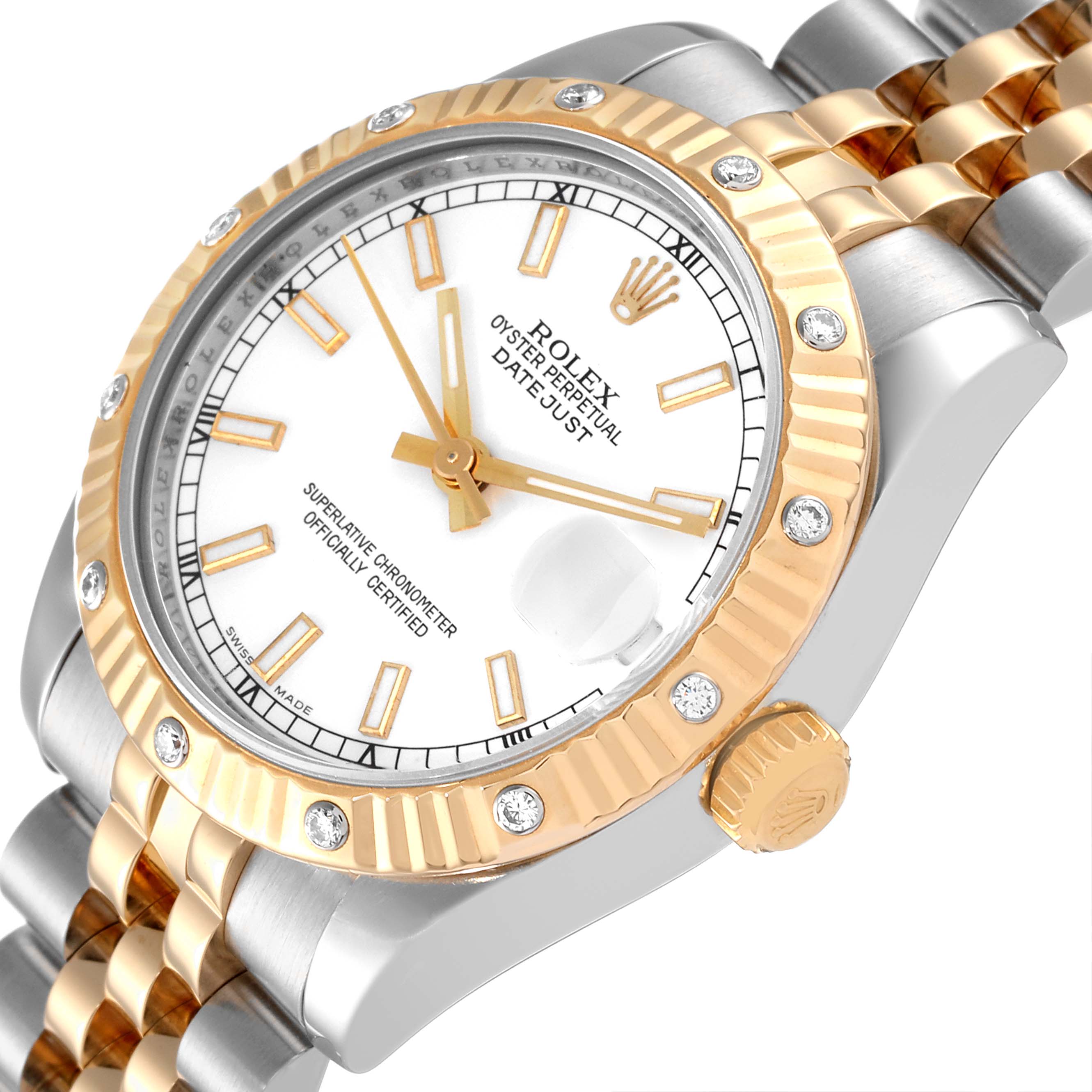 This image shows a close-up of the Rolex Datejust Mid-Size watch, highlighting its face, crown, bezel, and part of the bracelet.