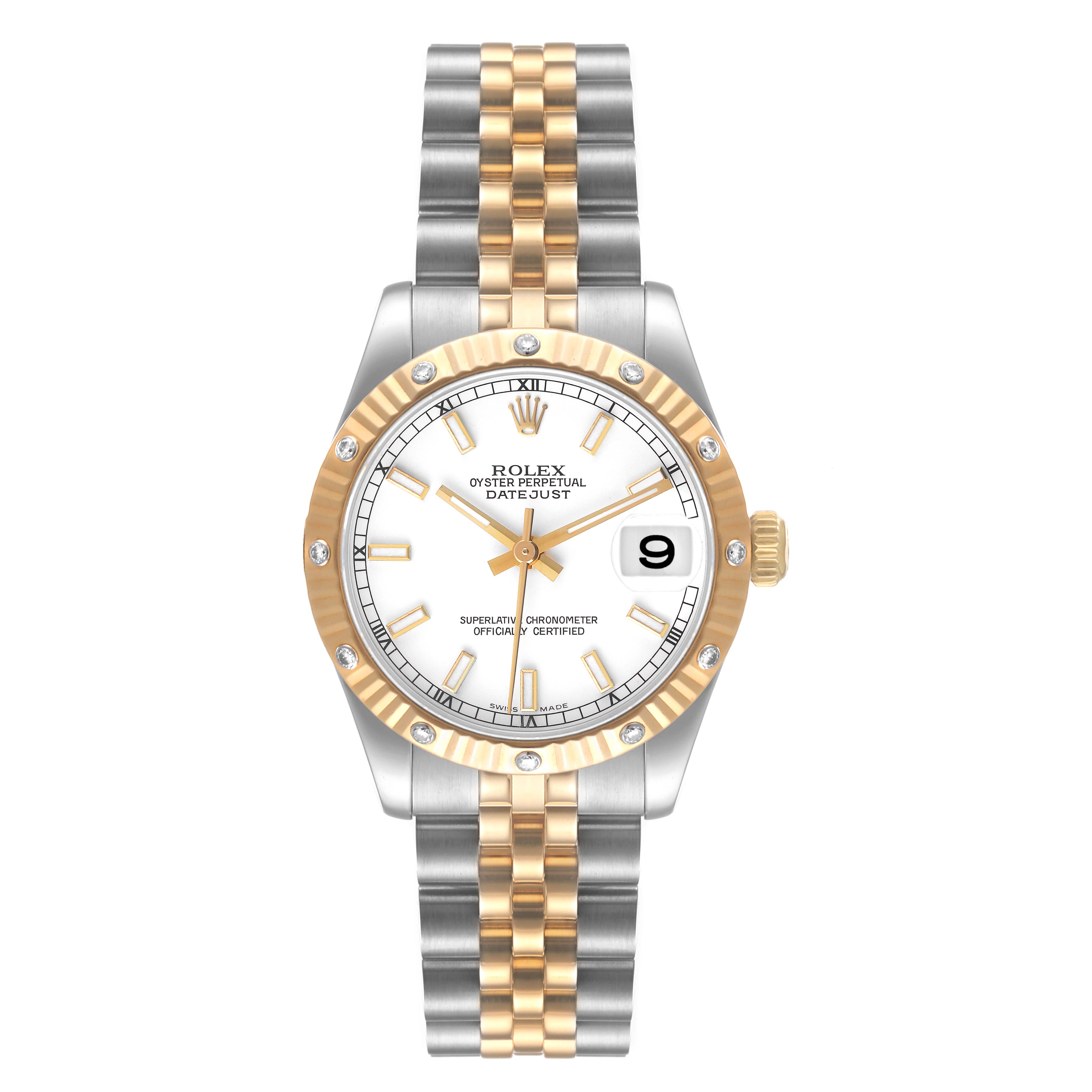 This is a front view of a Rolex Oyster Perpetual Datejust Mid-Size watch with a white dial and a two-tone bracelet.