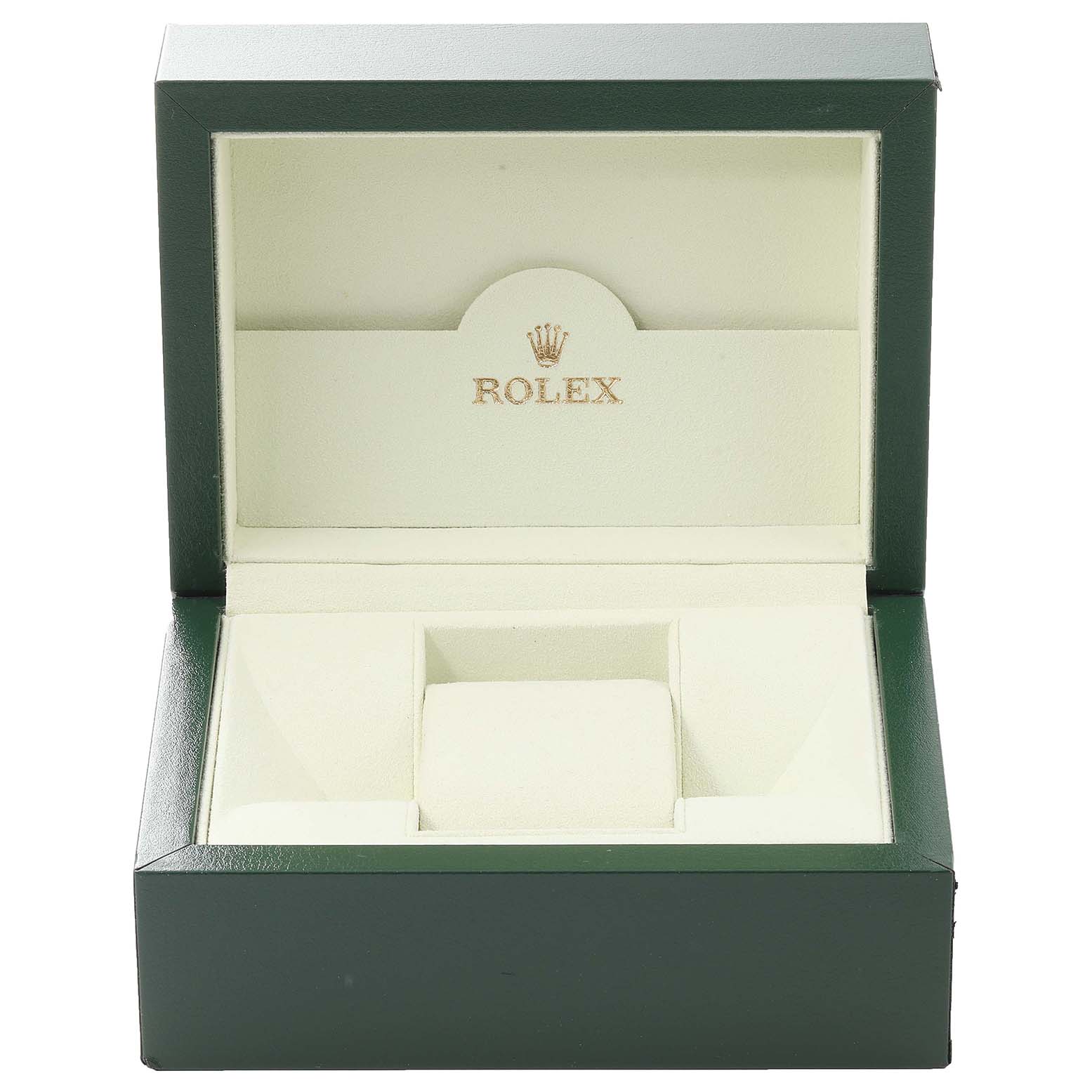 This image shows an open Rolex watch box for a Mid-Size model, displaying the interior compartments.