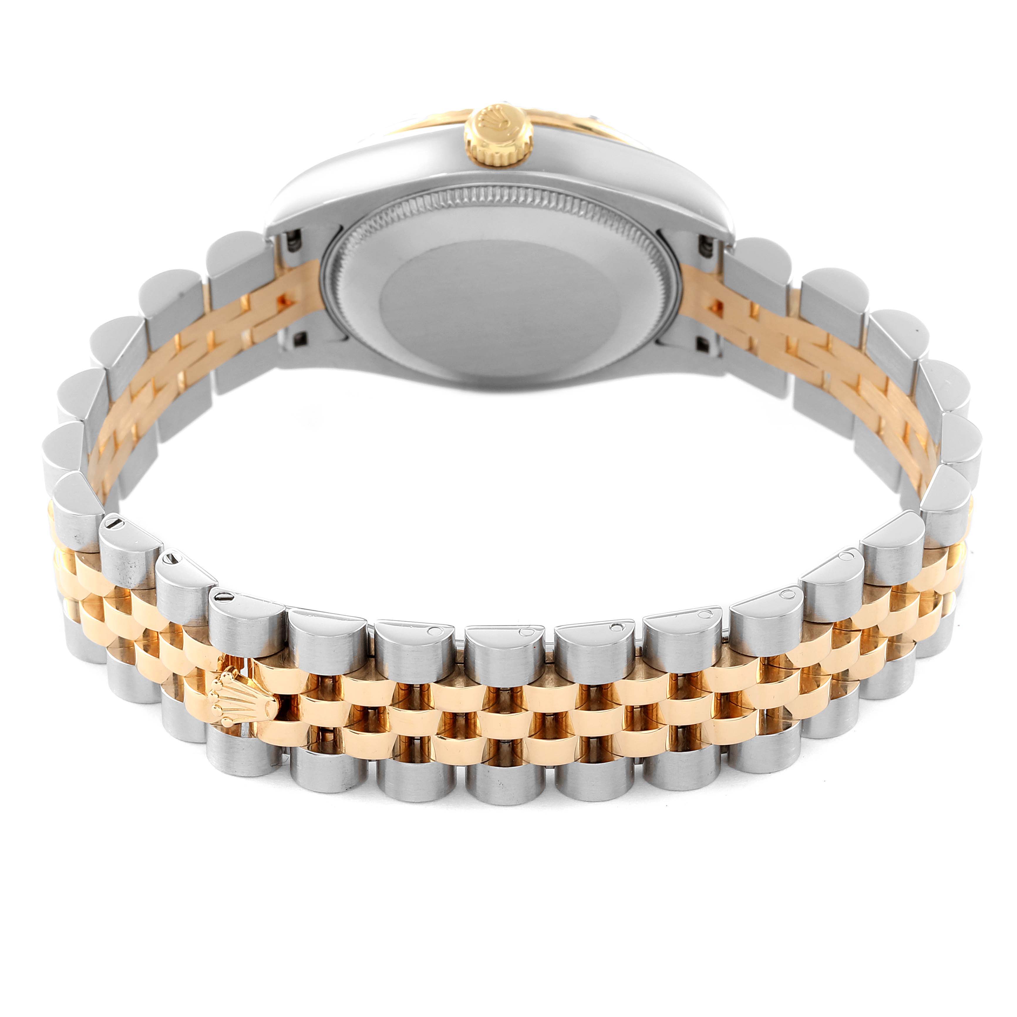 This image shows the back and bracelet of a Rolex Mid-Size 178313 Women
s Steel and Gold (two tone) White Dial 178313 Women
s Steel and Gold (two tone) White Dial model watch, highlighting its two-tone metal design.