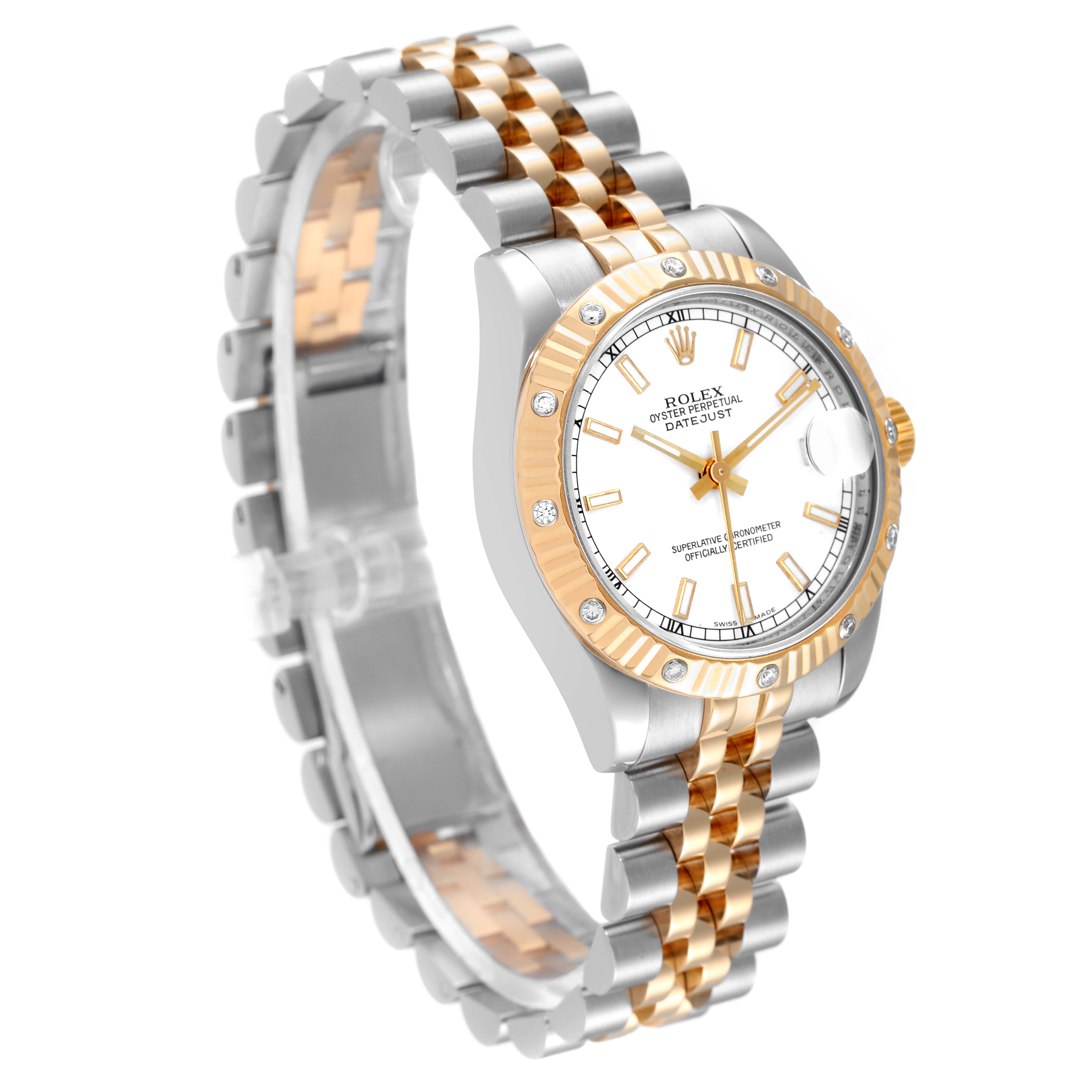 The image shows a side and front angle view of a Rolex Mid-Size 178313 Women
s Steel and Gold (two tone) White Dial 178313 Women
s Steel and Gold (two tone) White Dial Datejust watch, showcasing its two-tone bracelet and bezel.