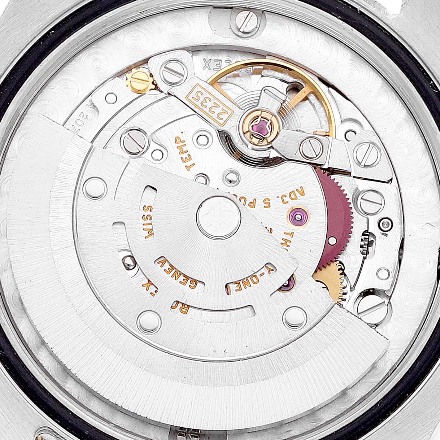 This image shows the mechanical movement and inner workings of a Rolex Mid-Size 178313 Women
s Steel and Gold (two tone) White Dial 178313 Women
s Steel and Gold (two tone) White Dial watch from the back view.