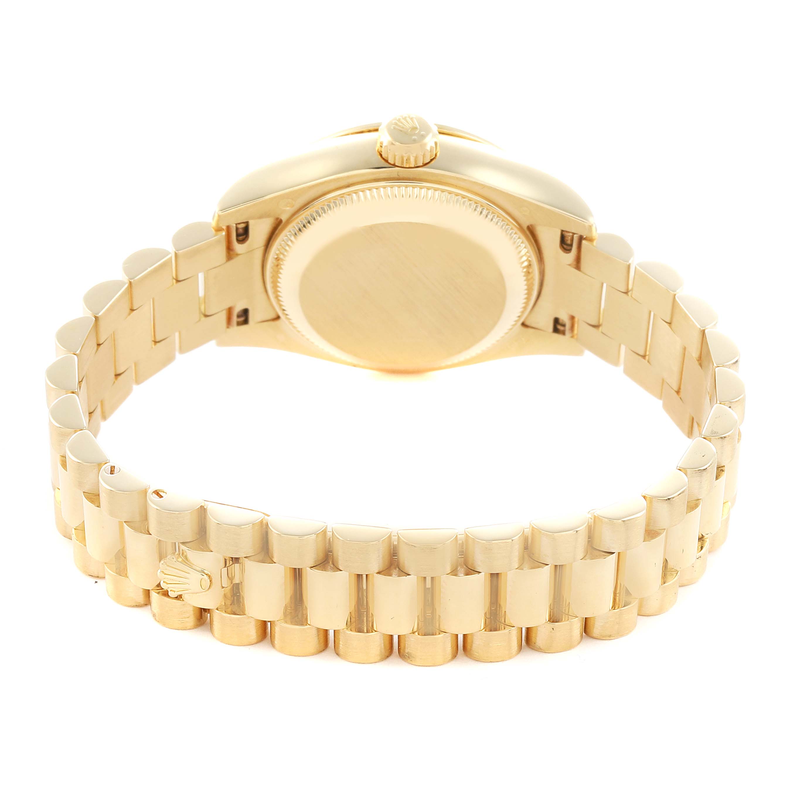 The image shows the Rolex President 179158 Women
s Yellow Gold Mother of Pearl Dial model from a rear angle, displaying the bracelet, clasp, and case back.