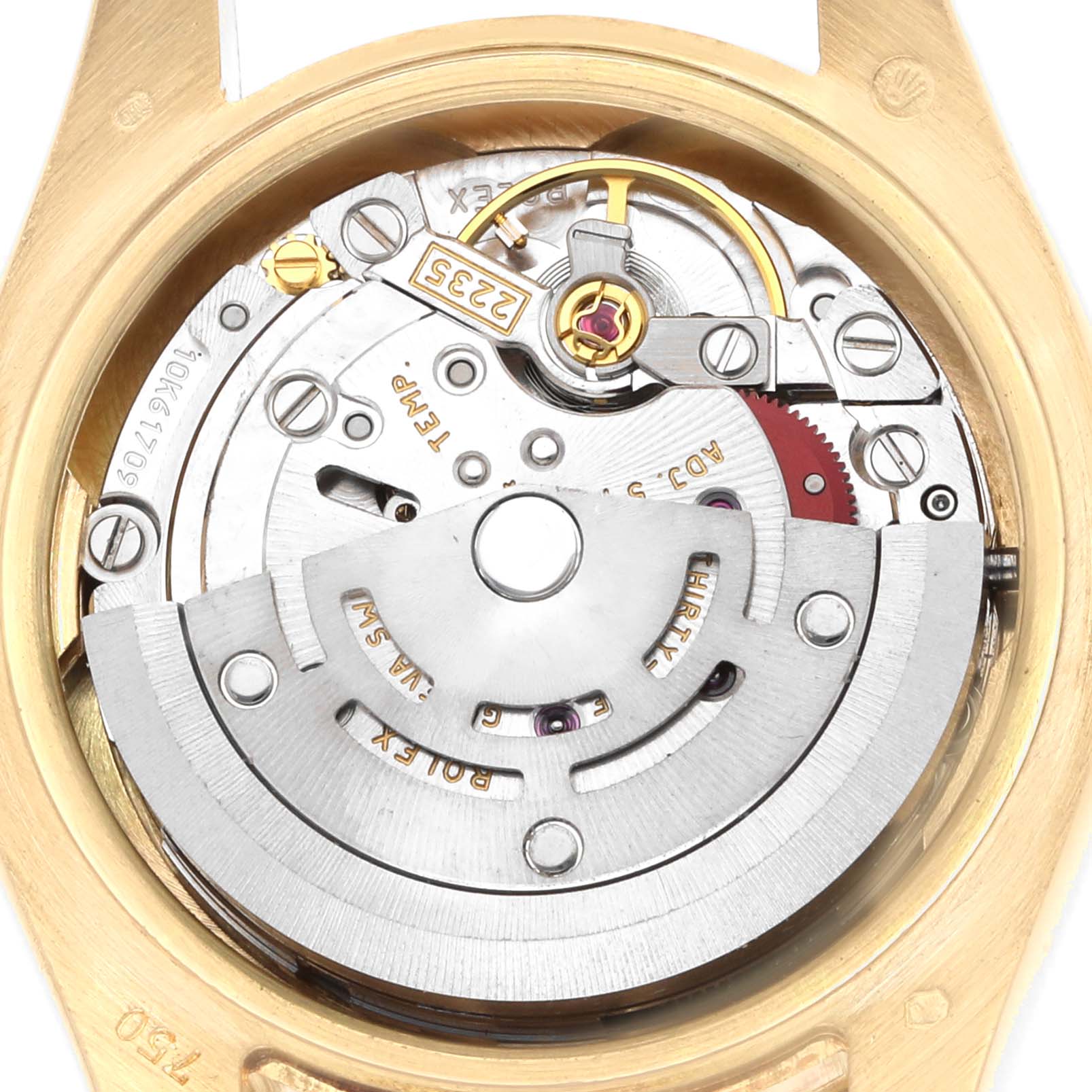The image shows the internal movement of a Rolex President 179158 Women
s Yellow Gold Mother of Pearl Dial model, highlighting gears and the rotor from a top-down angle.