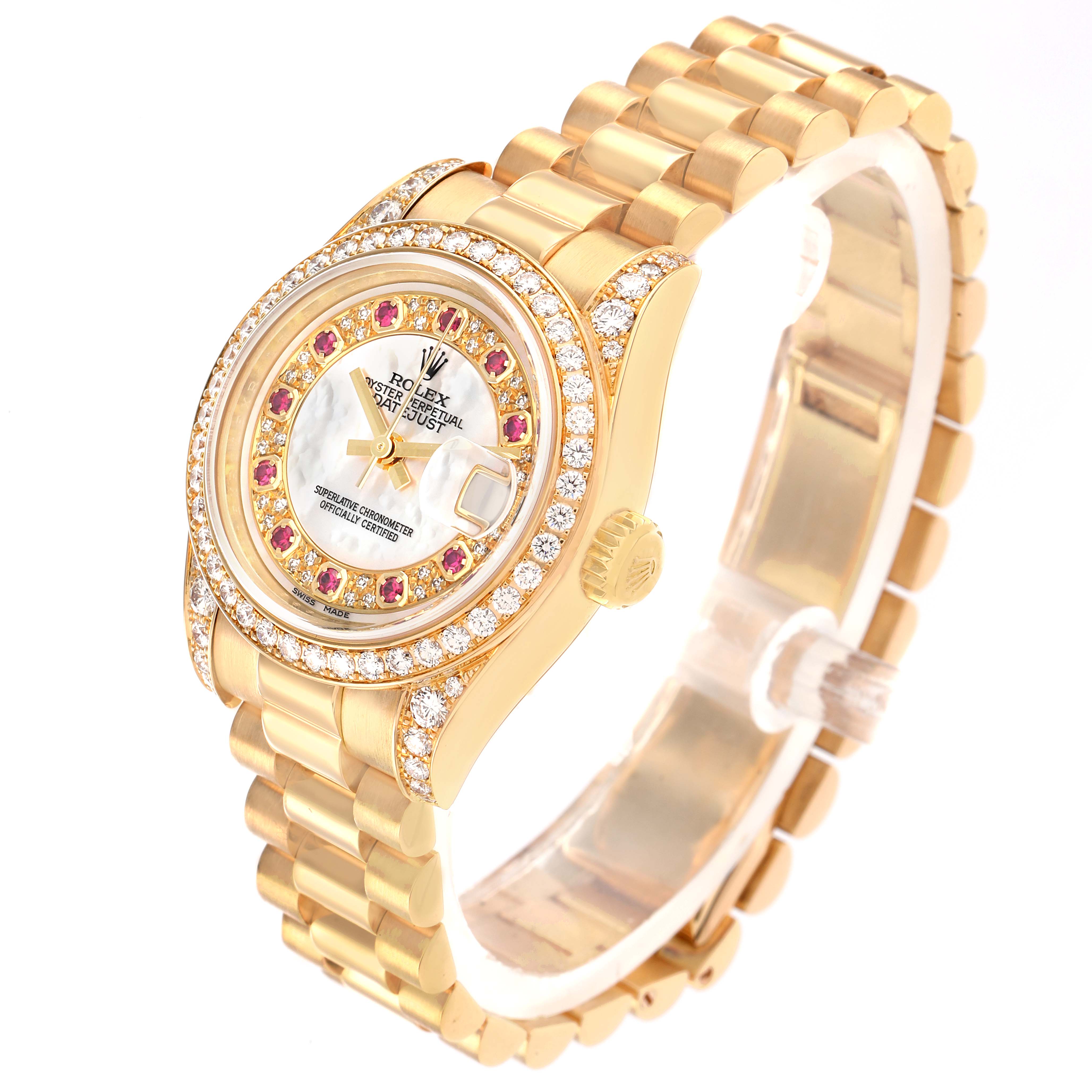 The Rolex President 179158 Women
s Yellow Gold Mother of Pearl Dial model is shown at an angle highlighting its gold bracelet, diamond bezel, and watch face.