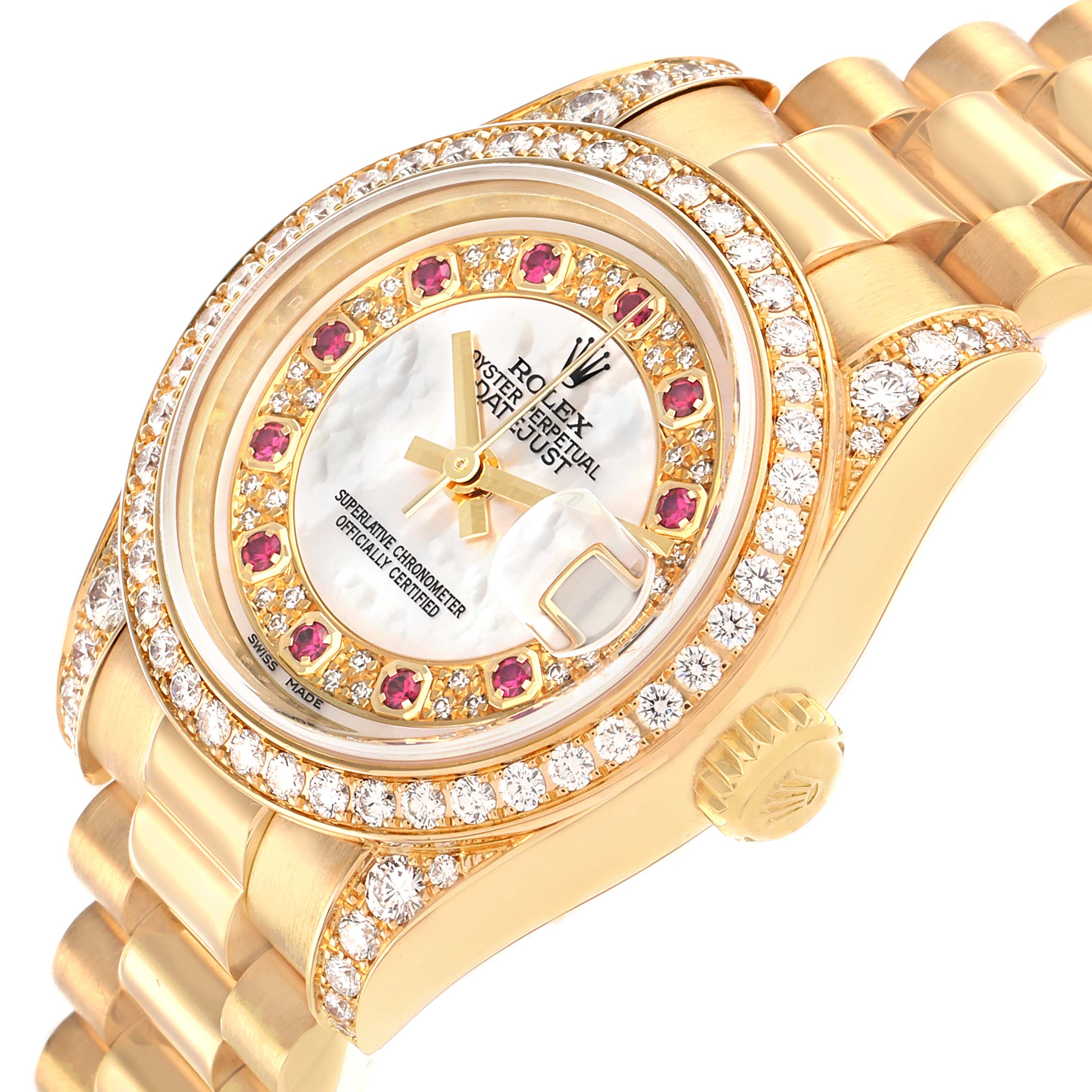 The Rolex President 179158 Women
s Yellow Gold Mother of Pearl Dial watch is shown at an angle highlighting the watch face, diamond-encrusted bezel, and part of the bracelet, with a gold finish.
