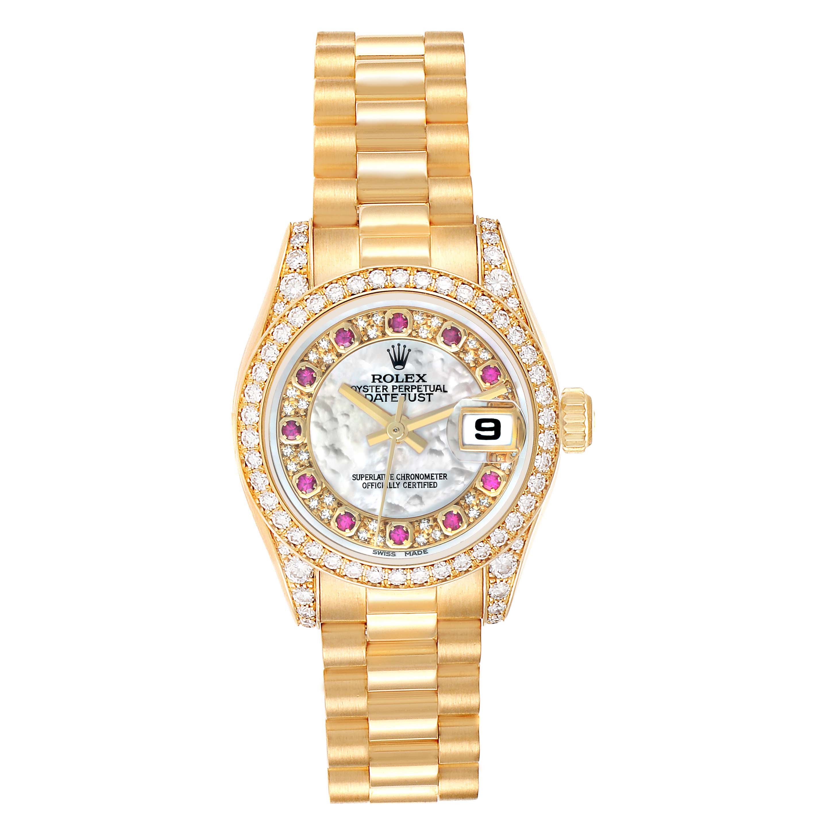 The Rolex President 179158 Women
s Yellow Gold Mother of Pearl Dial model watch is shown from a top-down angle, displaying the dial, bezel, and part of the bracelet.