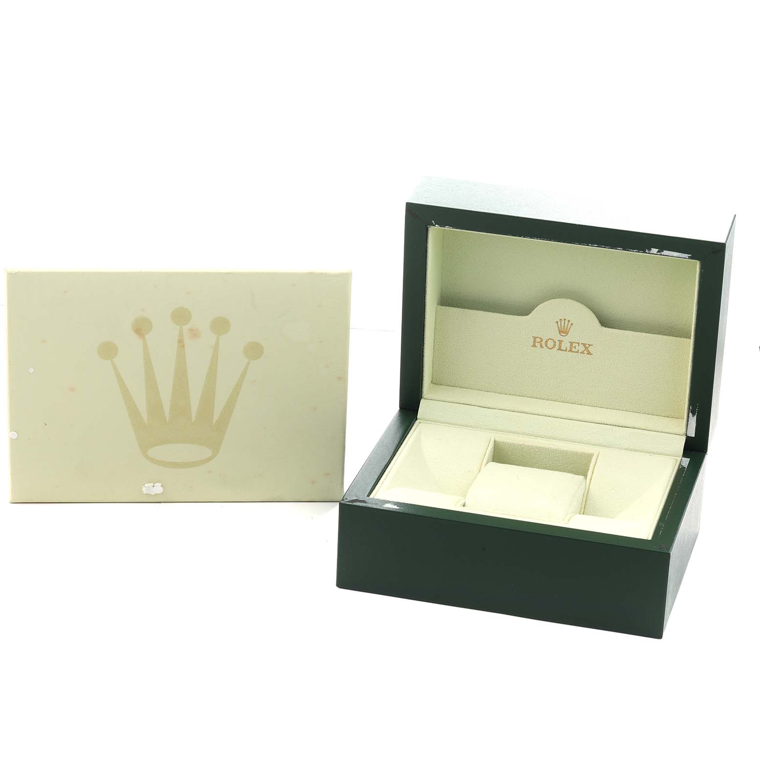 The image shows an open Rolex box for the President model and a separate Rolex-branded cover.