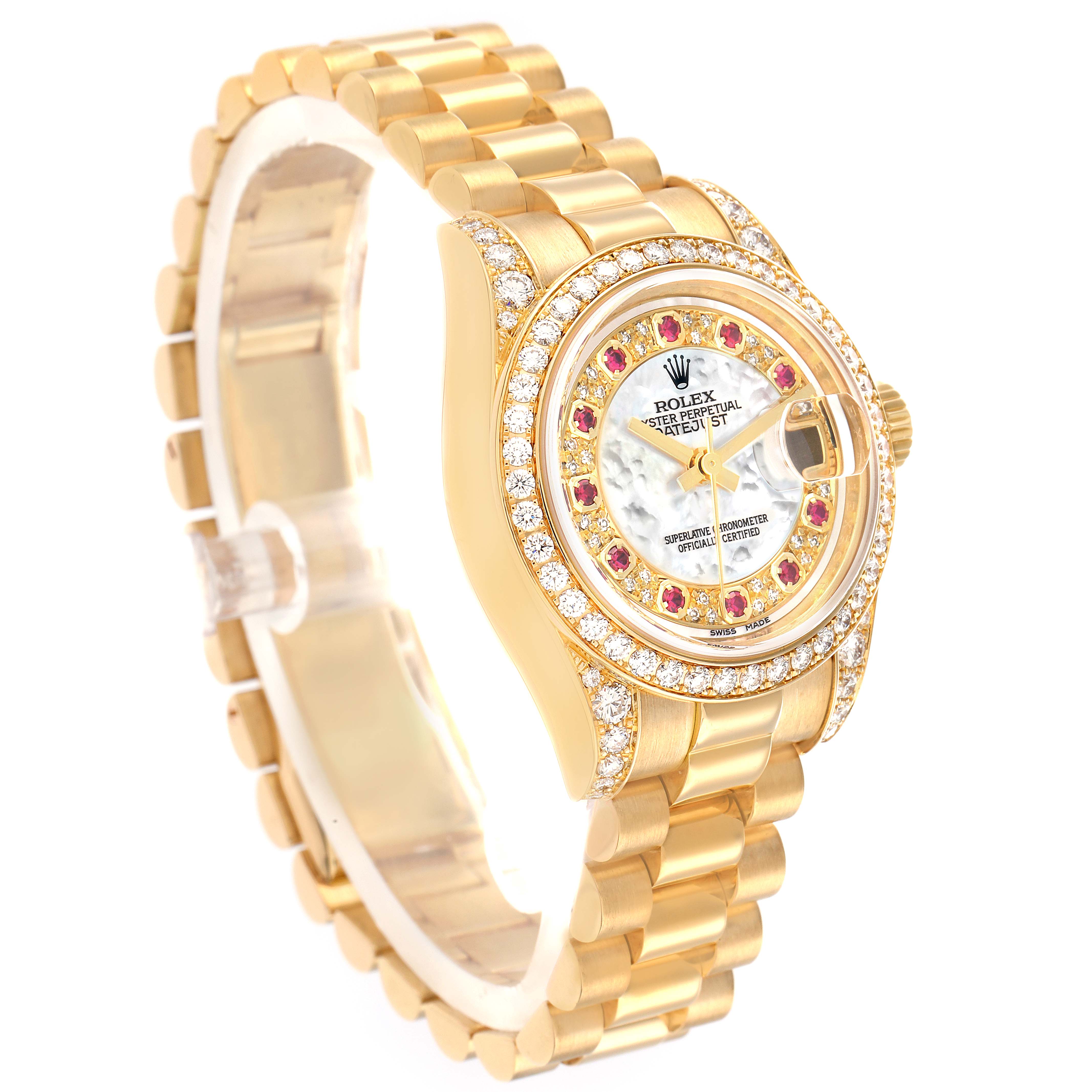 The Rolex President 179158 Women
s Yellow Gold Mother of Pearl Dial model watch is shown at a side angle, displaying the band, case, bezel, and crown.