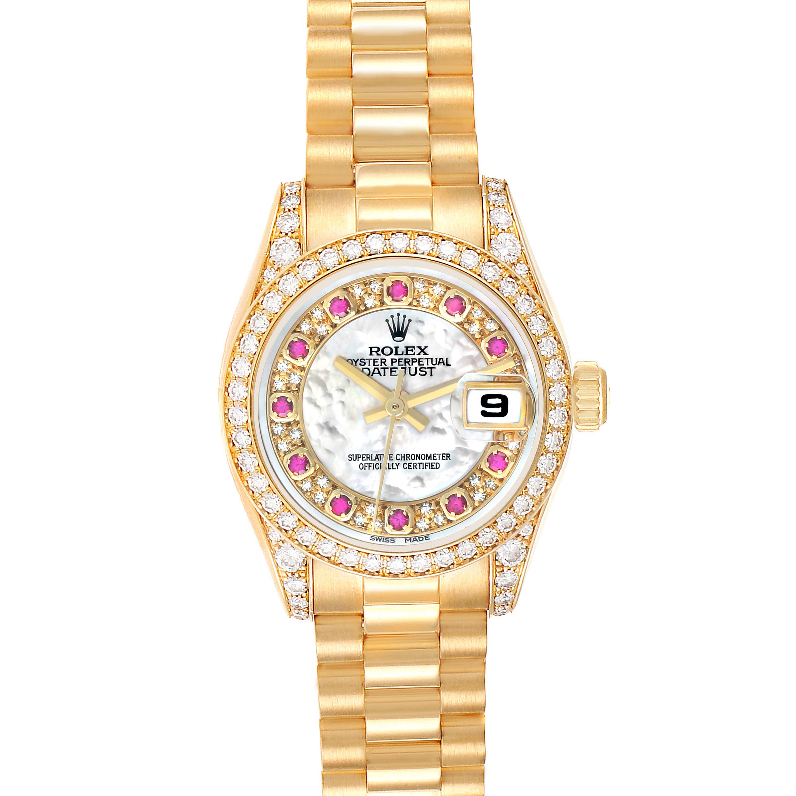 The Rolex President 179158 Women
s Yellow Gold Mother of Pearl Dial model is shown from a top-down angle, displaying the face, bezel, and bracelet.