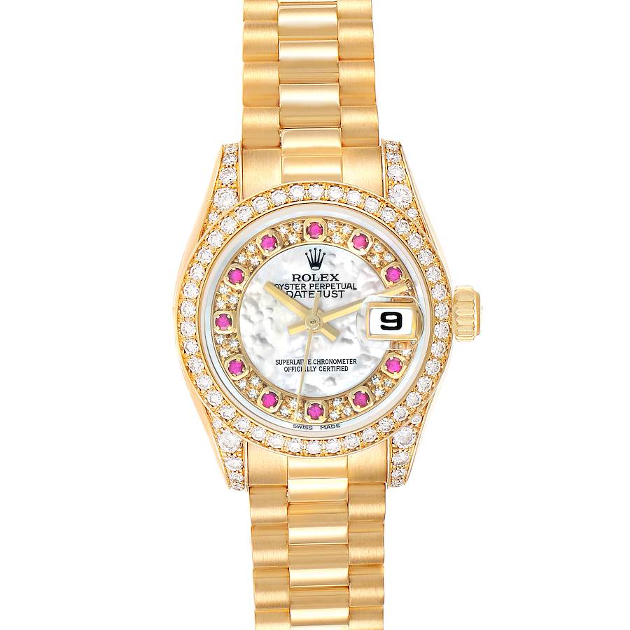 The Rolex President 179158 Women's Yellow Gold Mother of Pearl Dial model is shown from a top-down angle, displaying the face, bezel, and bracelet.