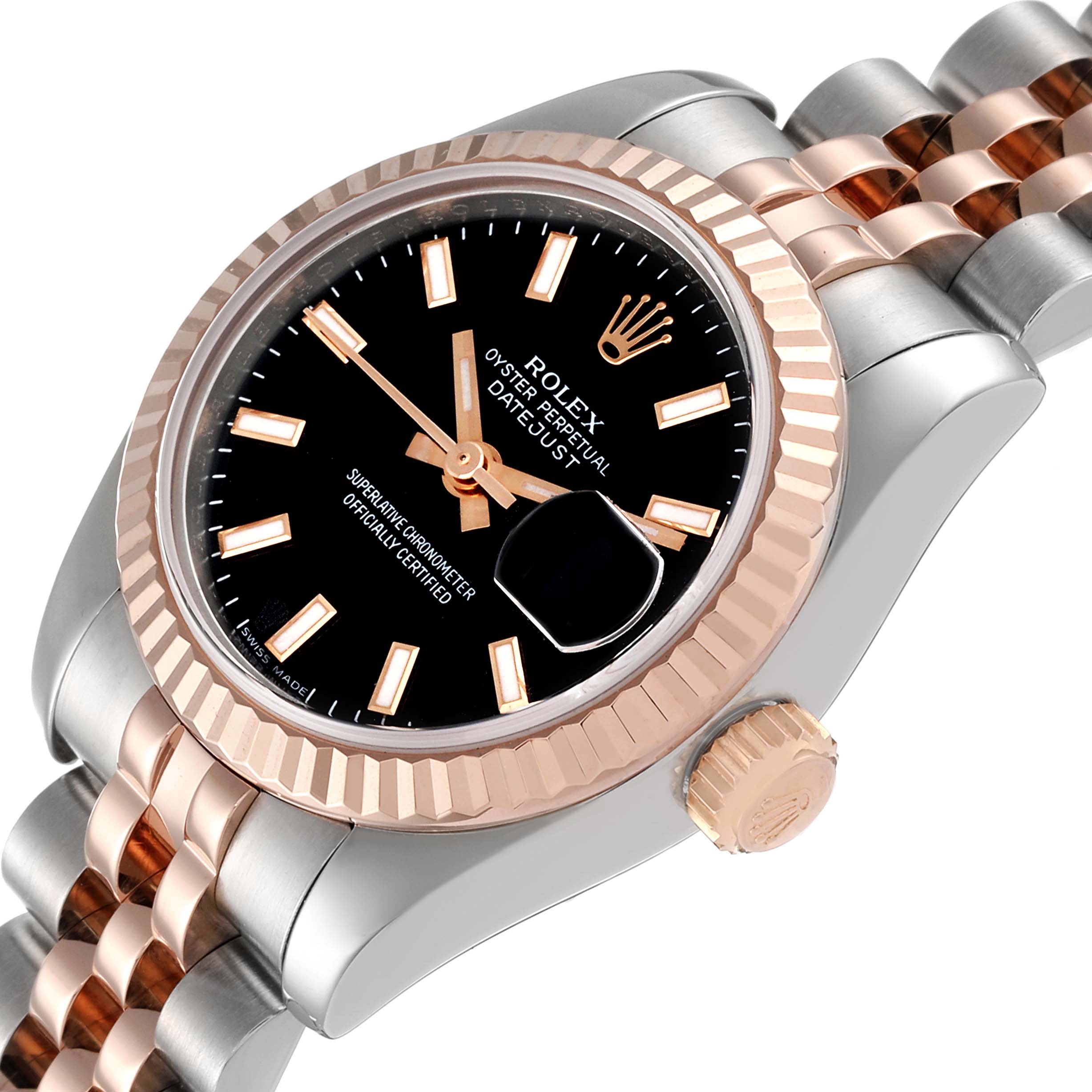 The image shows a close-up of a Rolex Datejust 179171 Women's Steel and Gold (two tone) Black Dial 179171 Women's Steel and Gold (two tone) Black Dial watch, focusing on the dial, bezel, crown, and part of the bracelet.