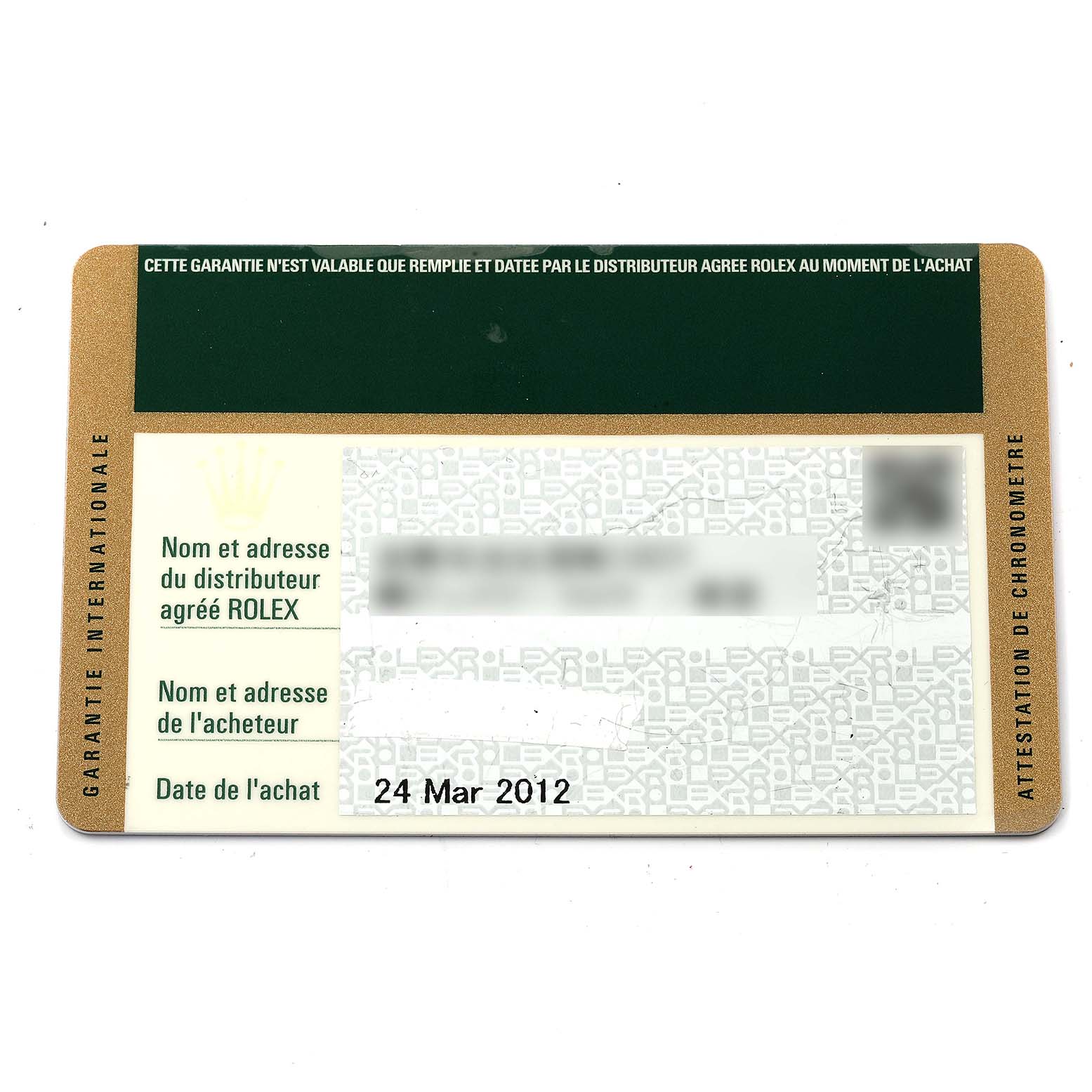 This image shows a warranty card for a Rolex Datejust 179171 Women's Steel and Gold (two tone) Black Dial 179171 Women's Steel and Gold (two tone) Black Dial watch, displaying purchase date and other details.