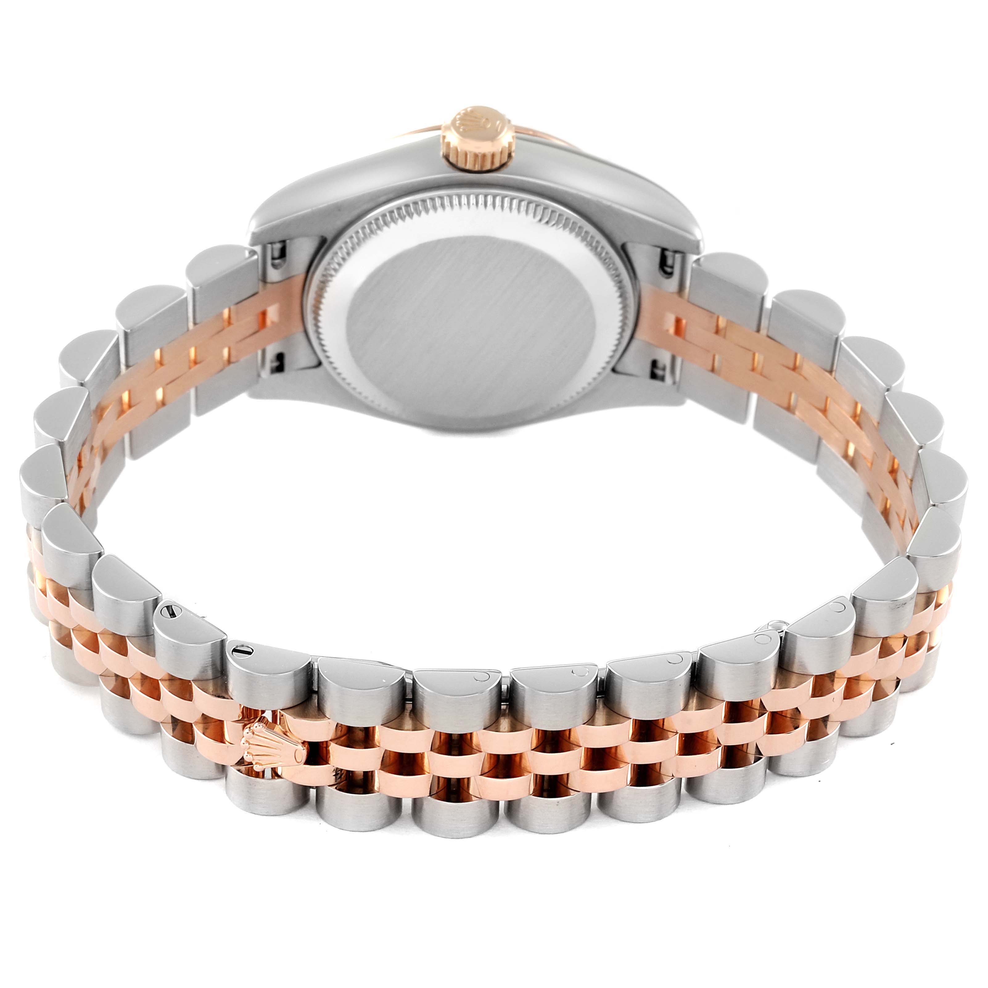 The image shows the back view of a Rolex Datejust 179171 Women's Steel and Gold (two tone) Black Dial 179171 Women's Steel and Gold (two tone) Black Dial watch featuring its case back and two-tone metal bracelet.