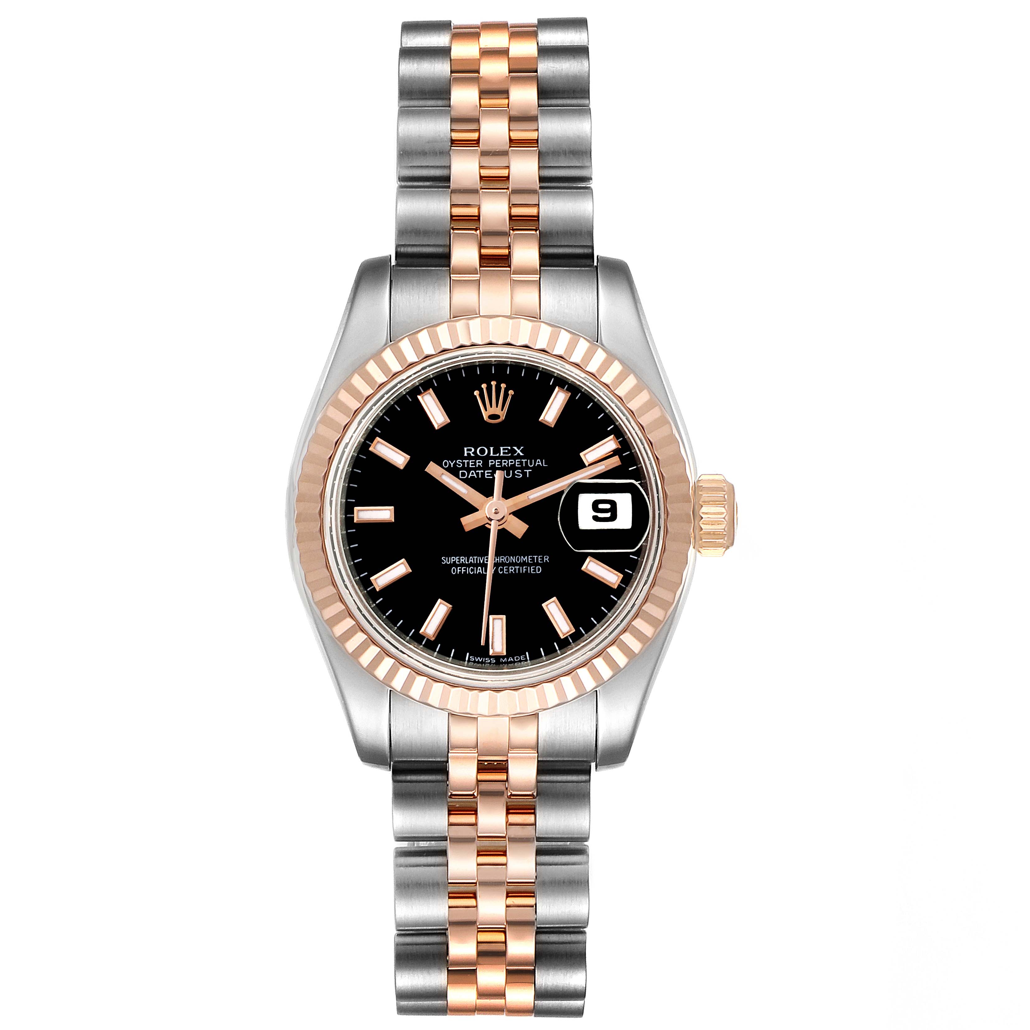 The image shows a frontal view of the Rolex Datejust 179171 Women's Steel and Gold (two tone) Black Dial 179171 Women's Steel and Gold (two tone) Black Dial watch, highlighting its two-tone bracelet, black dial, and date window.