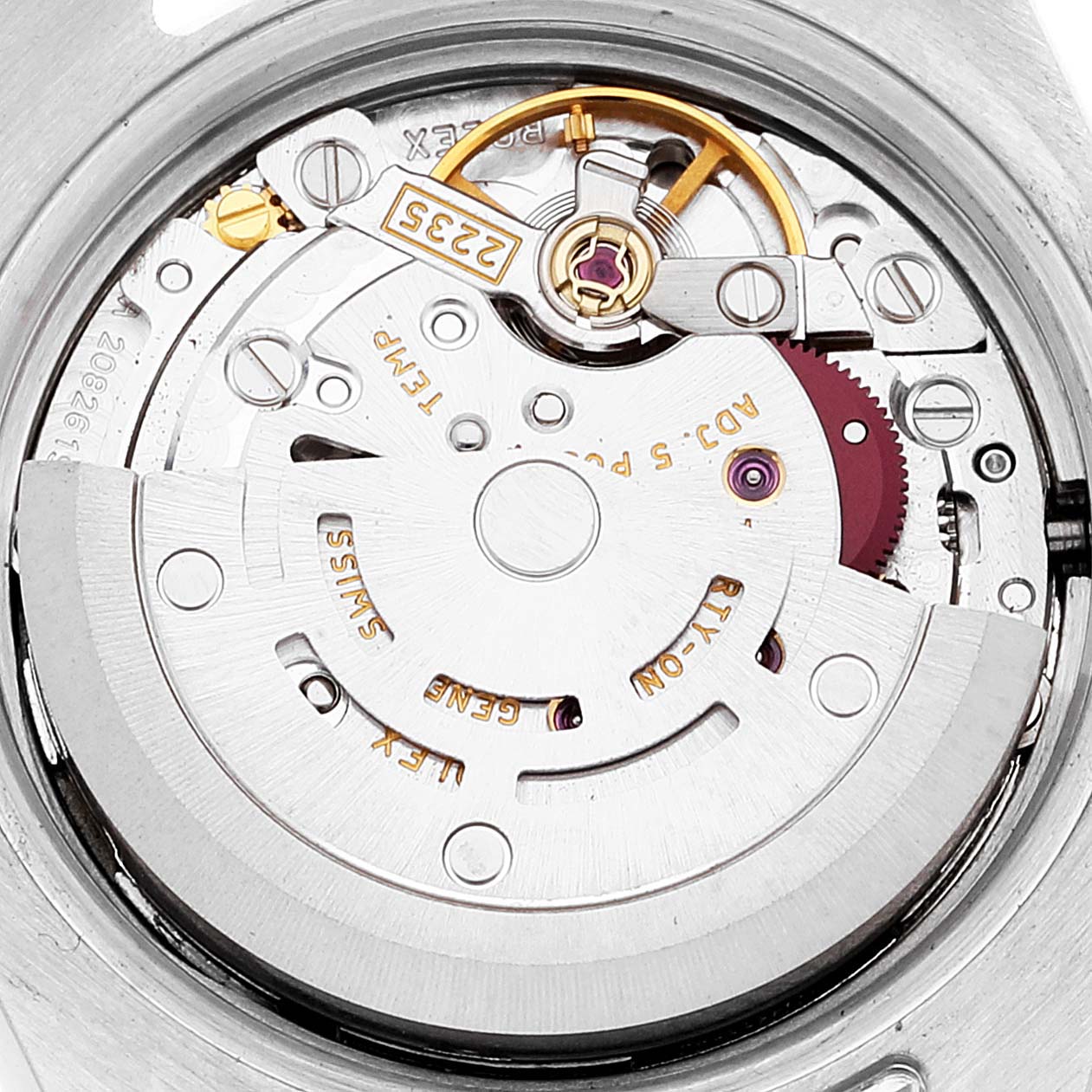 This image shows the movement and inner mechanism of a Rolex Datejust 179171 Women's Steel and Gold (two tone) Black Dial 179171 Women's Steel and Gold (two tone) Black Dial watch from the rear angle.