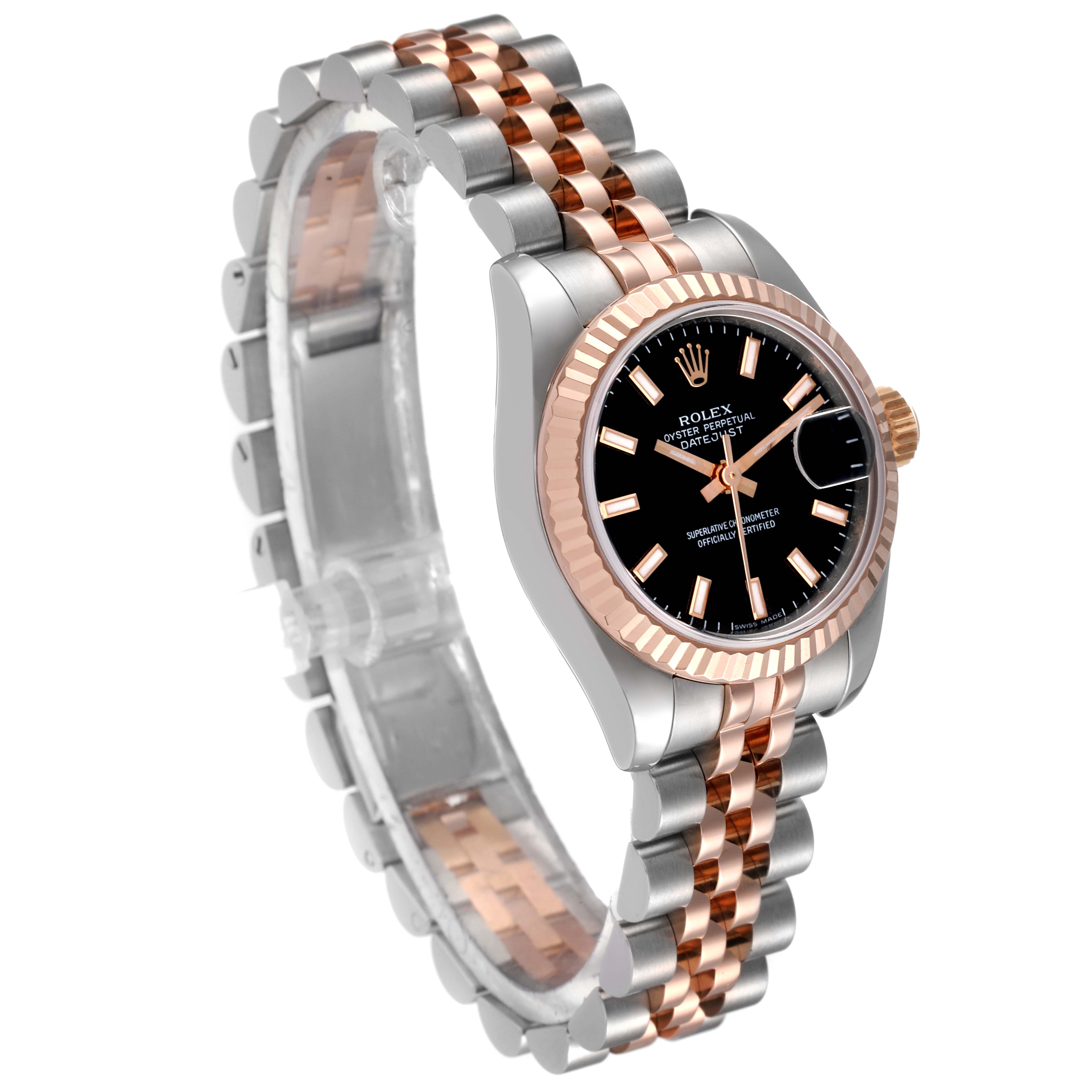 The image features a Rolex Datejust 179171 Women's Steel and Gold (two tone) Black Dial 179171 Women's Steel and Gold (two tone) Black Dial watch angled to show the face, bezel, and jubilee bracelet.