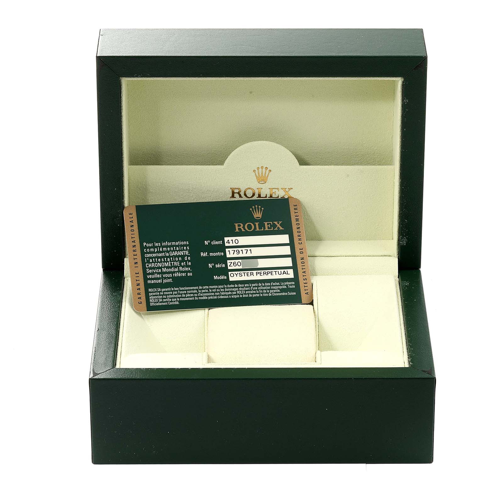 The image shows a Rolex Datejust 179171 Women's Steel and Gold (two tone) Black Dial 179171 Women's Steel and Gold (two tone) Black Dial model watch box with an authenticity card placed inside the box.