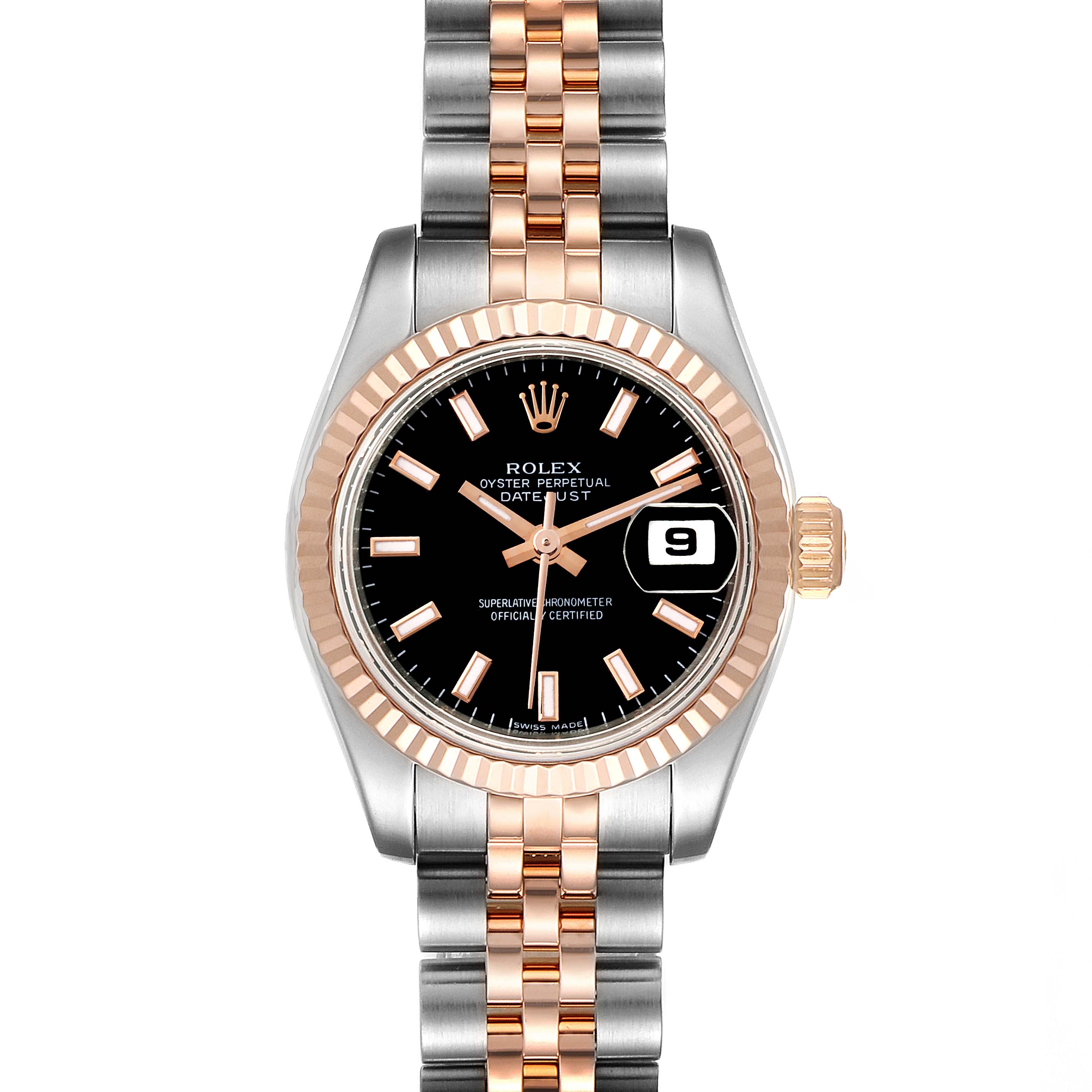 The image shows a front view of a Rolex Datejust 179171 Women's Steel and Gold (two tone) Black Dial 179171 Women's Steel and Gold (two tone) Black Dial watch, highlighting its two-tone band, black dial, and date display.