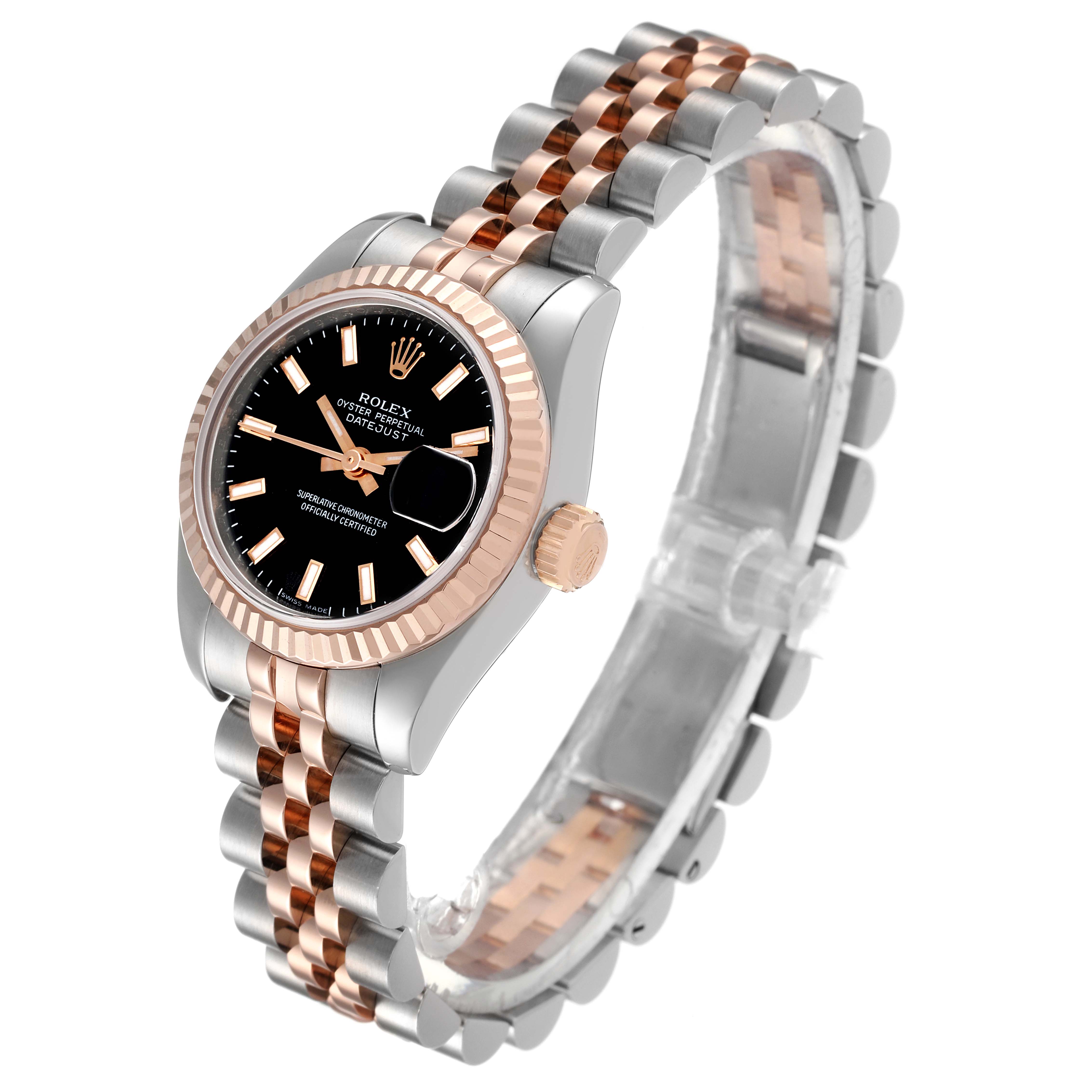 The Rolex Datejust 179171 Women's Steel and Gold (two tone) Black Dial 179171 Women's Steel and Gold (two tone) Black Dial watch is shown at a slight angle, highlighting the face, fluted bezel, and two-tone Jubilee bracelet.