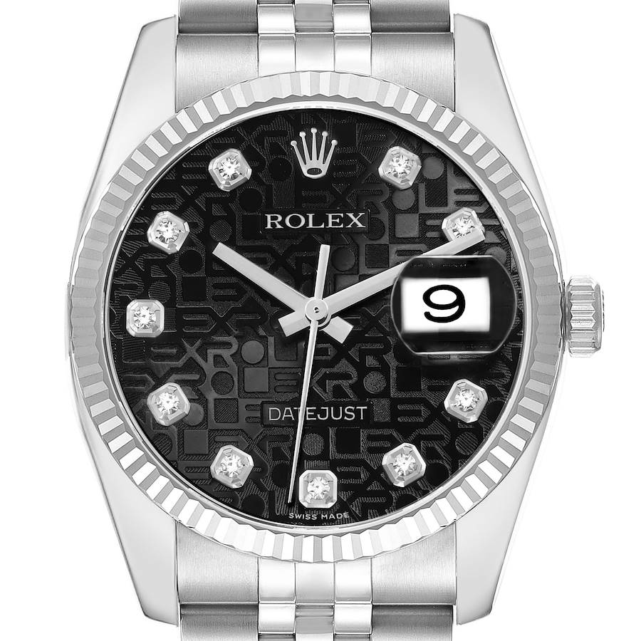 The Rolex Datejust 16234 Men's Stainless Steel Black Dial watch is shown from a front angle, highlighting its face, bezel, crown, and part of the bracelet.